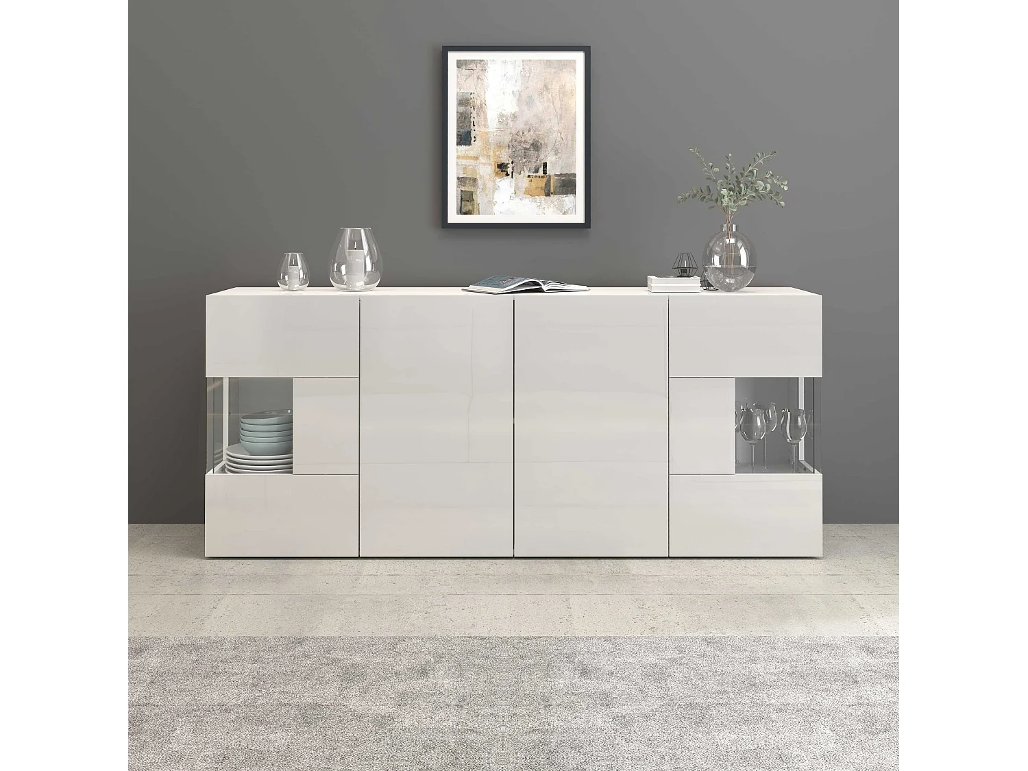 Credenza Egypt a 4 ante con inserti in vetro espositivi bianco lucido 180x40x80 cm