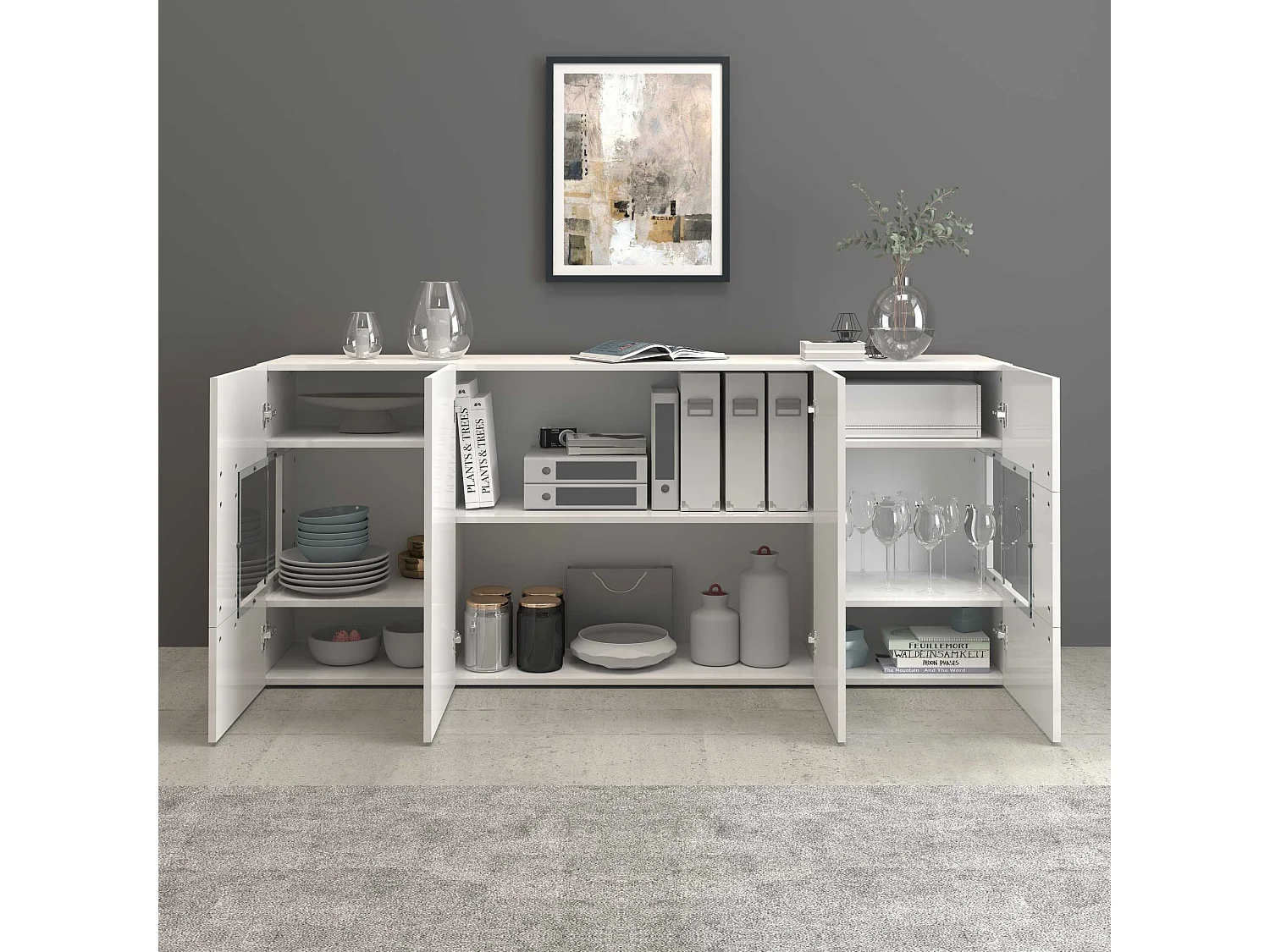 Credenza Egypt a 4 ante con inserti in vetro espositivi bianco lucido 180x40x80 cm