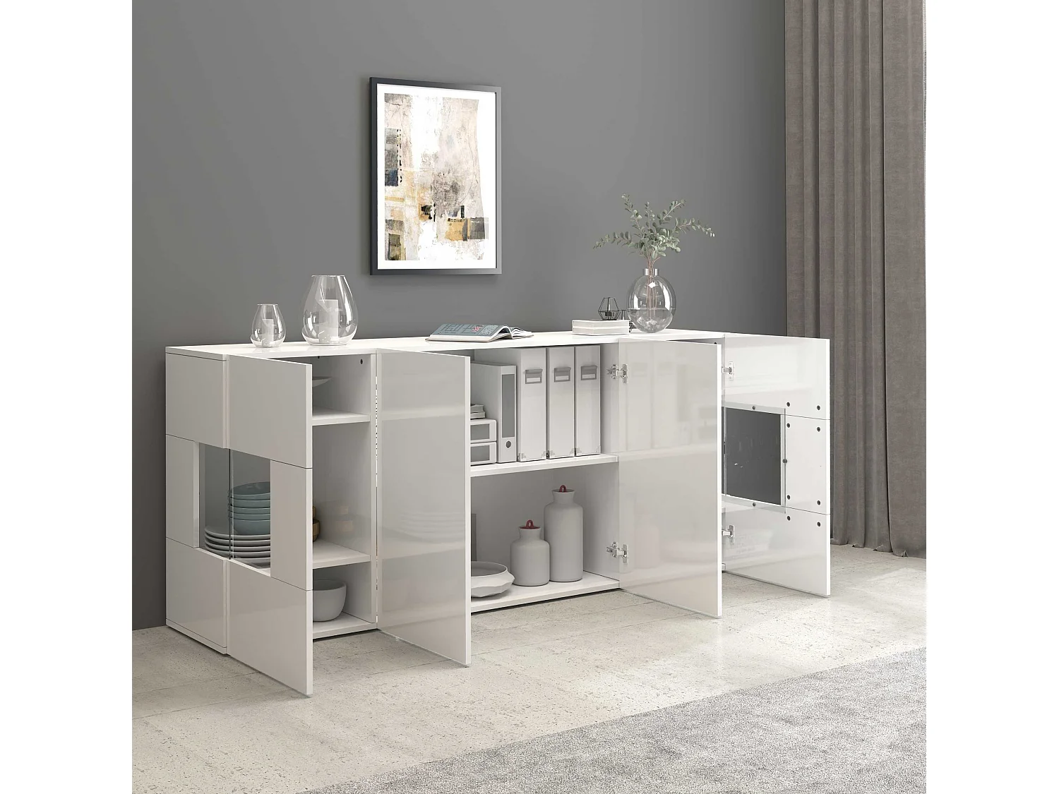 Credenza Egypt a 4 ante con inserti in vetro espositivi bianco lucido 180x40x80 cm