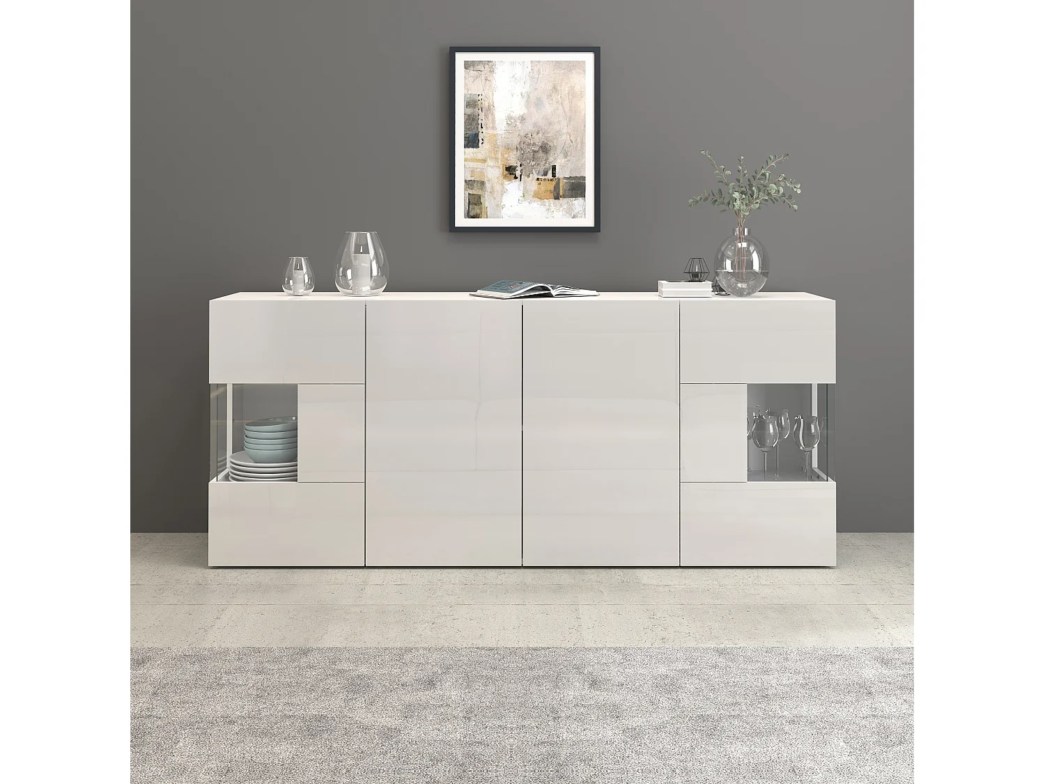 Aparador Egypt con 4 puertas con inserciones de cristal expositor blanco brillo 180x40x80 cm