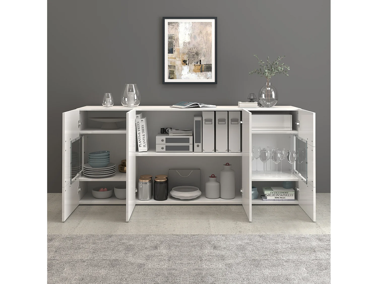 Aparador Egypt con 4 puertas con inserciones de cristal expositor blanco brillo 180x40x80 cm