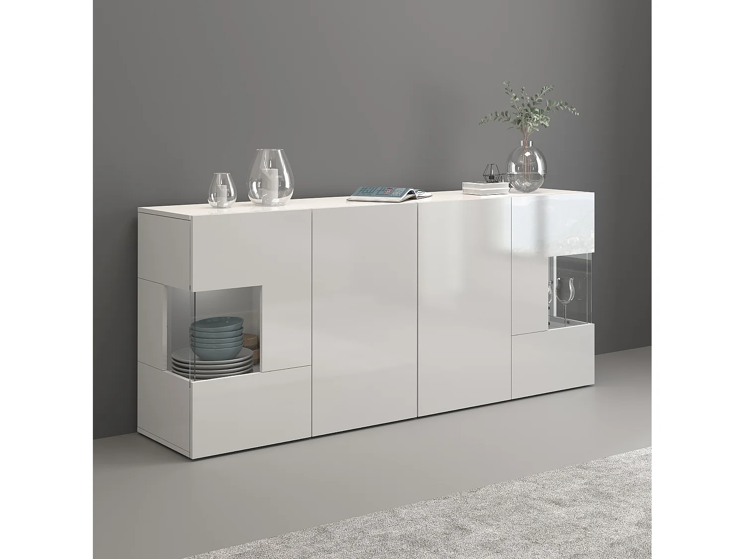 Aparador Egypt con 4 puertas con inserciones de cristal expositor blanco brillo 180x40x80 cm