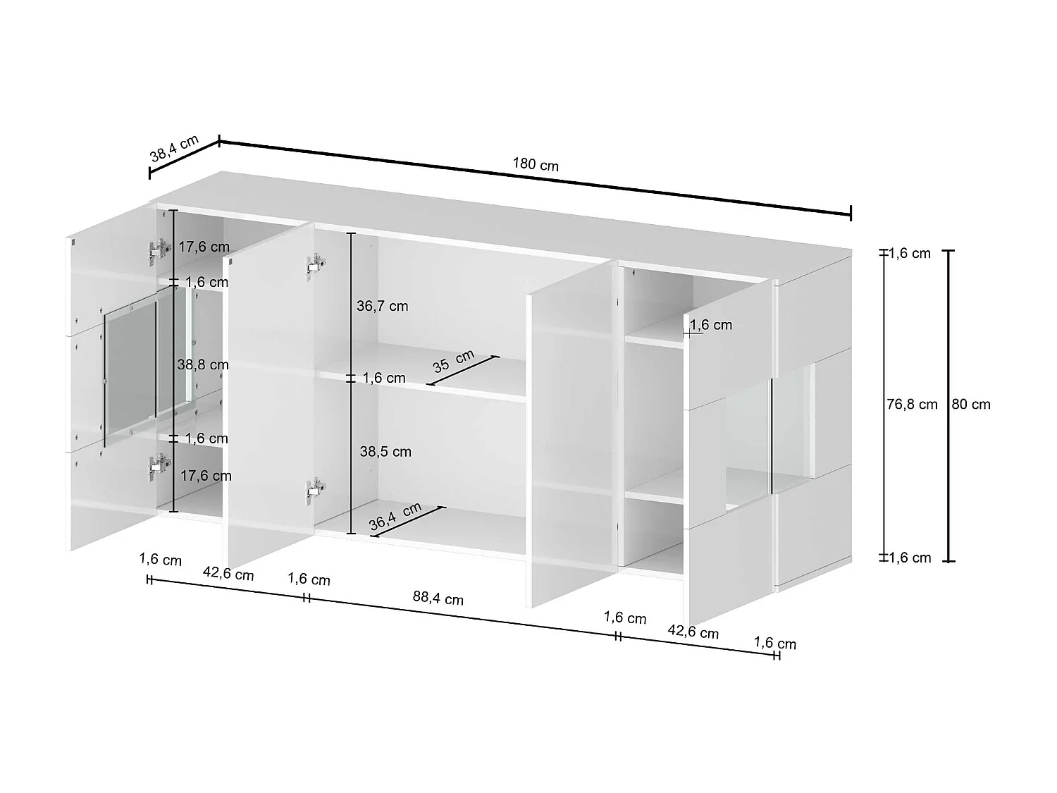 Aparador Egypt con 4 puertas con inserciones de cristal expositor blanco brillo 180x40x80 cm