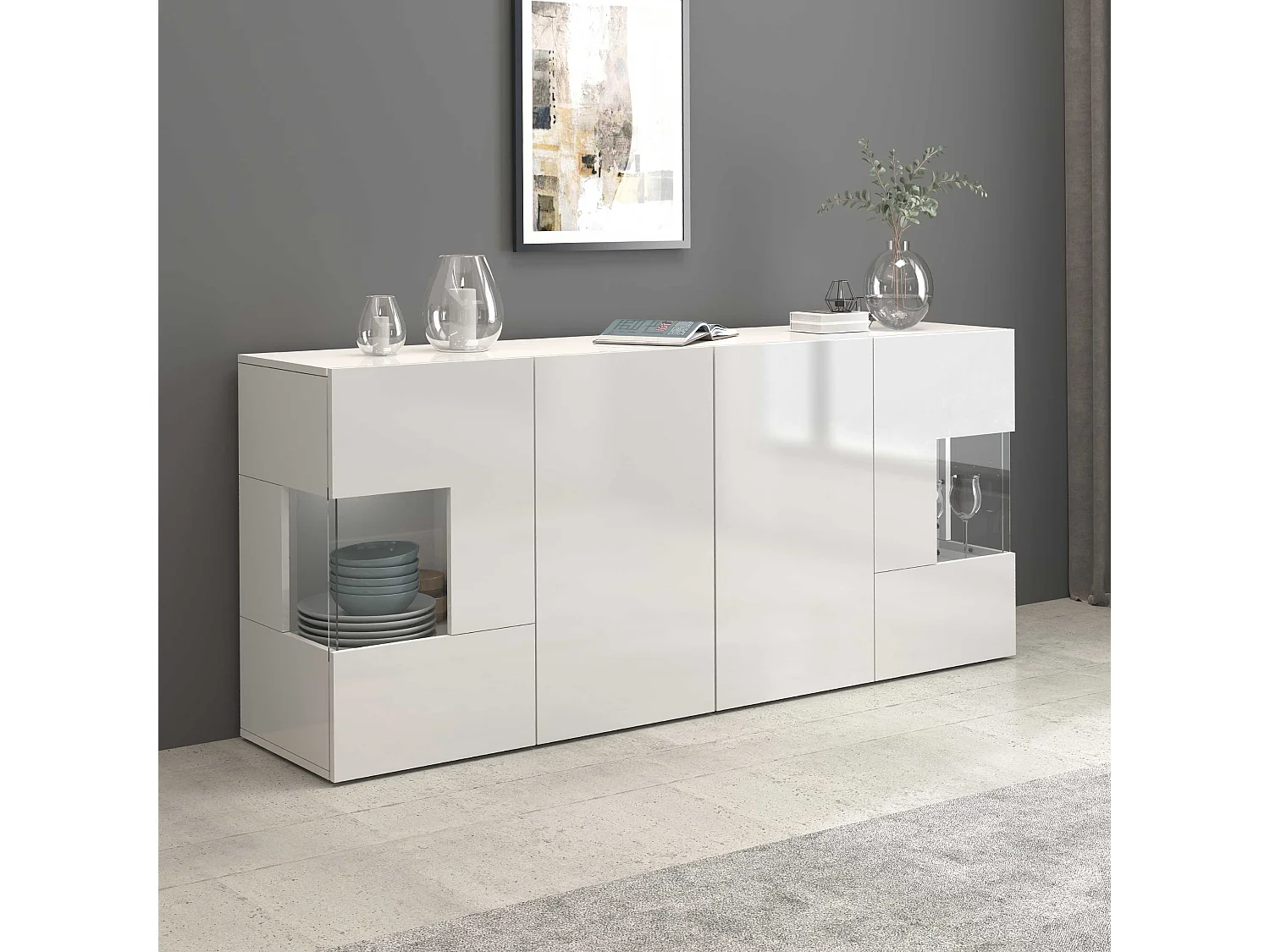 Aparador Egypt con 4 puertas con inserciones de cristal expositor blanco brillo 180x40x80 cm