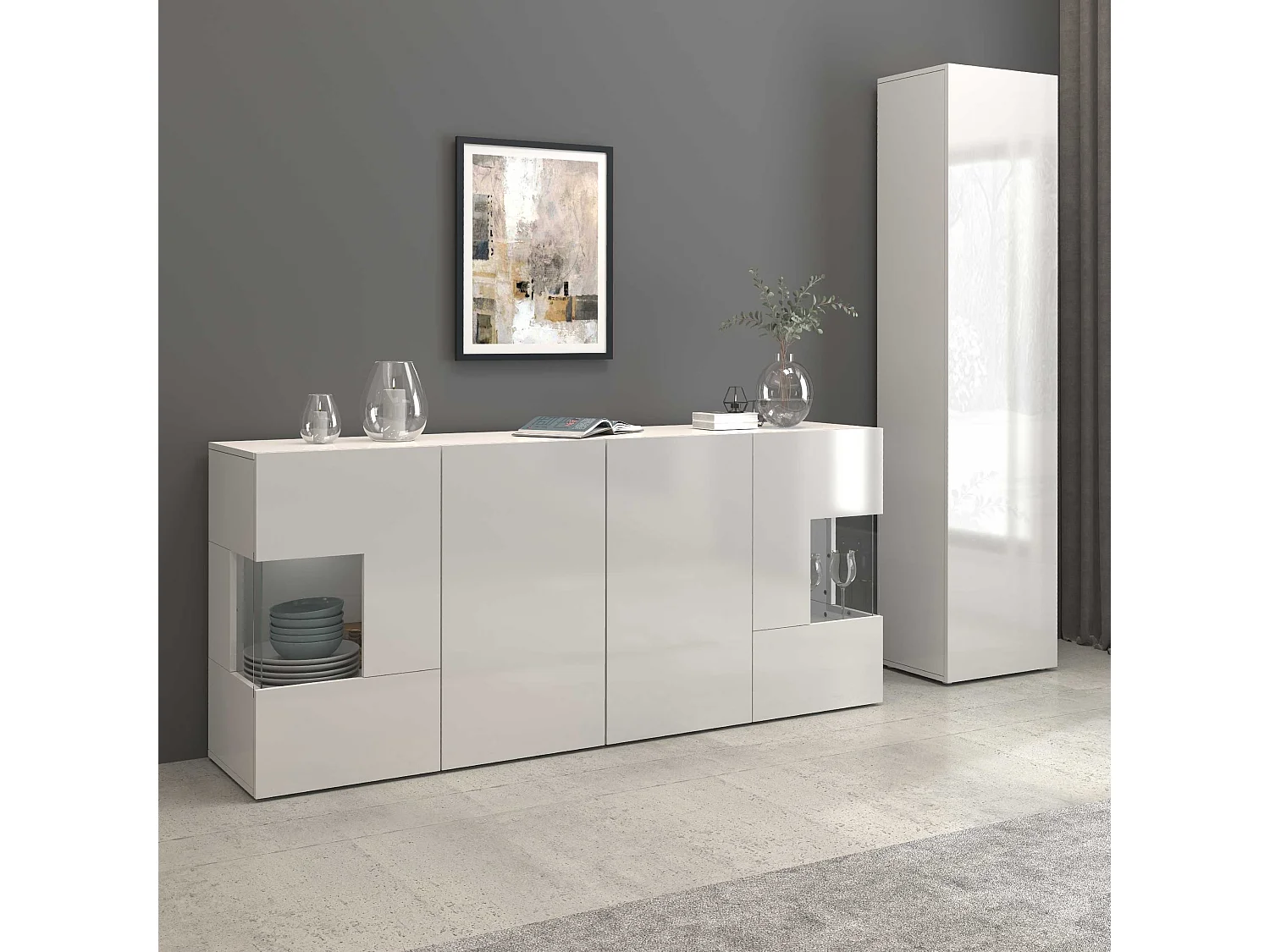 Aparador Egypt con 4 puertas con inserciones de cristal expositor blanco brillo 180x40x80 cm