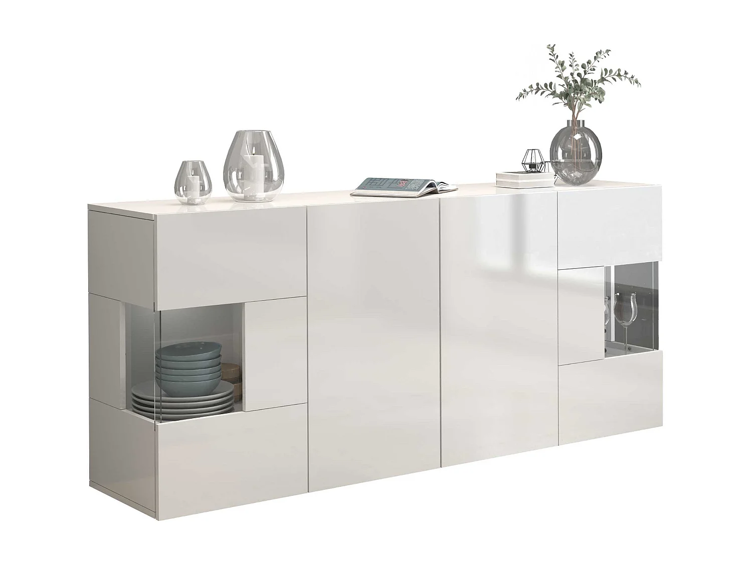 Aparador Egypt con 4 puertas con inserciones de cristal expositor blanco brillo 180x40x80 cm