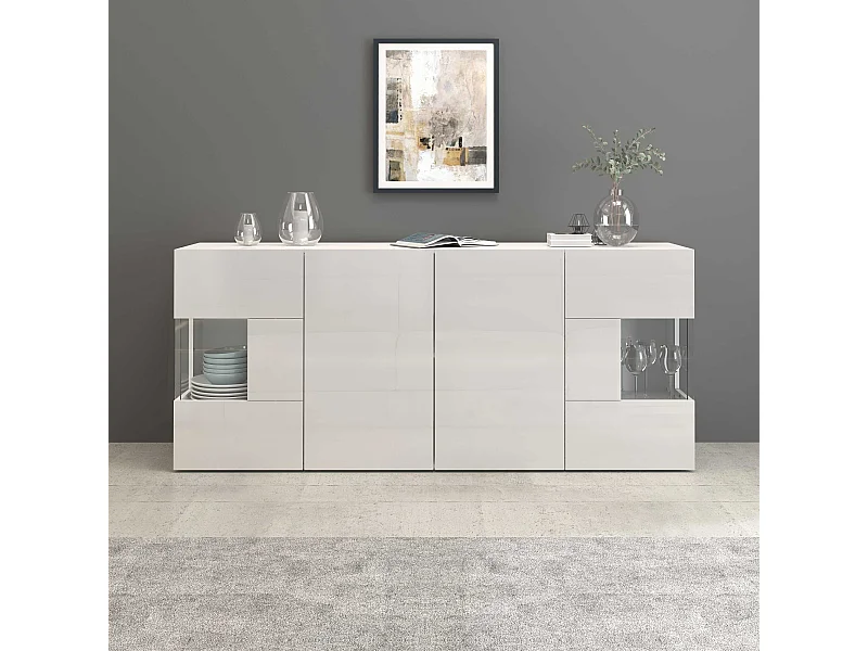 Credenza Egypt a 4 ante con inserti in vetro espositivi bianco lucido 180x40x80 cm