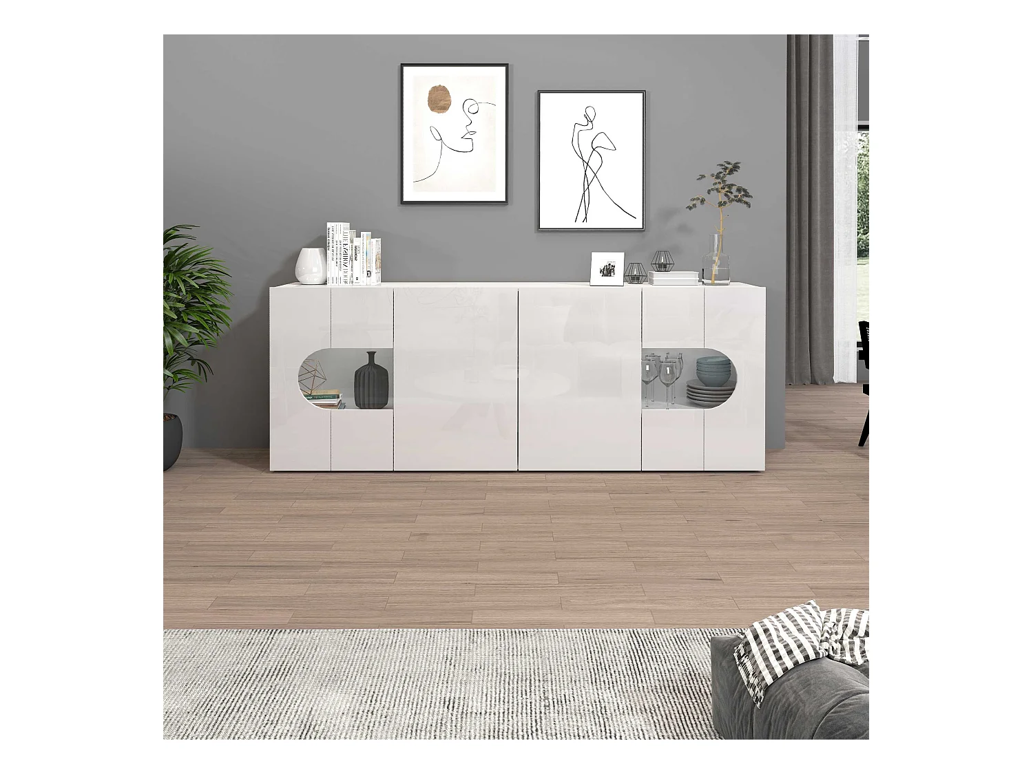 Credenza Real a 4 ante con inserti in vetro espositivi bianco lucido 200x40x80 cm