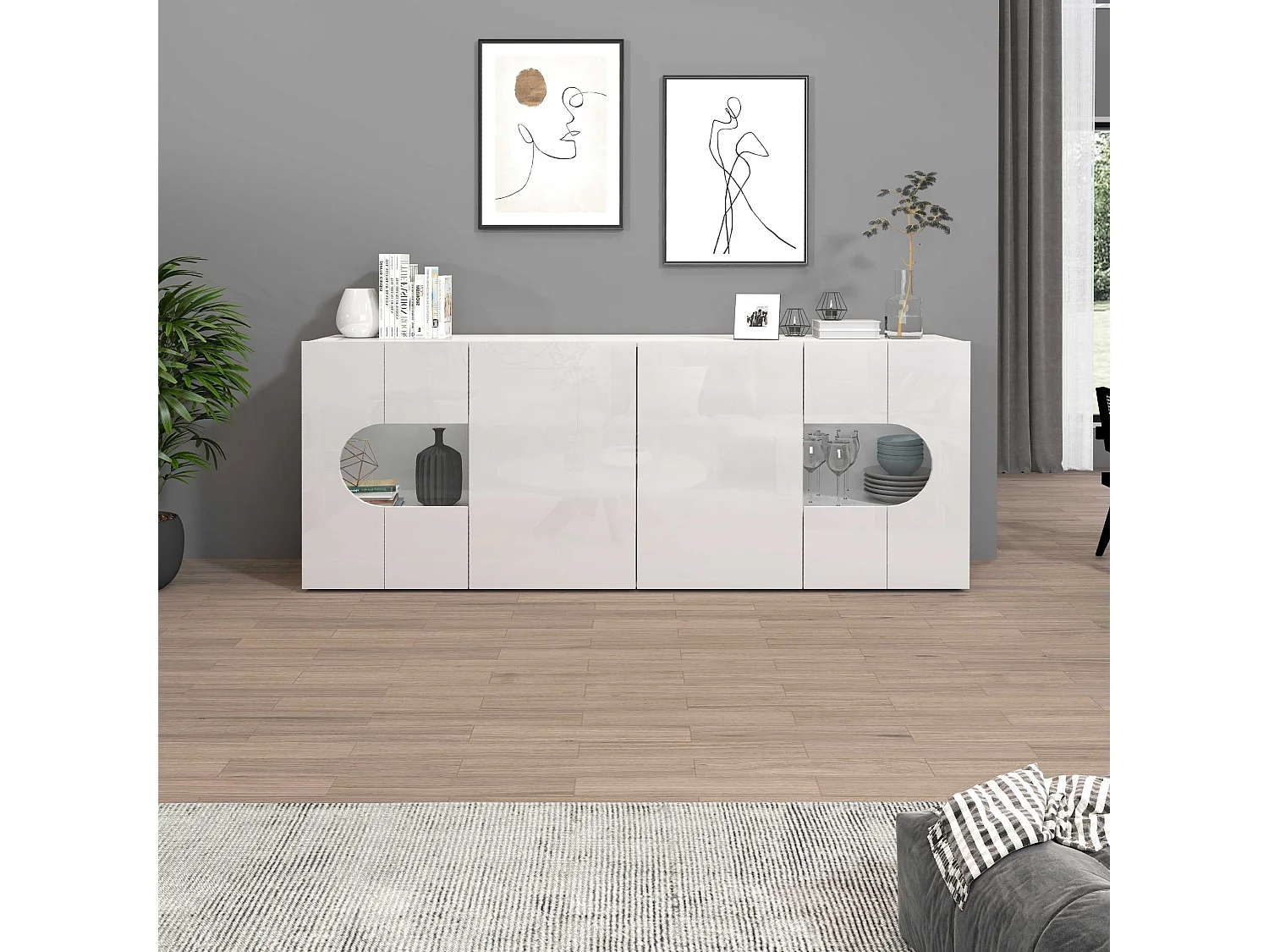 Credenza Real a 4 ante con inserti in vetro espositivi bianco lucido 200x40x80 cm