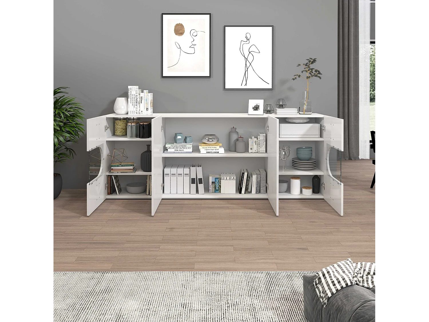 Credenza Real a 4 ante con inserti in vetro espositivi bianco lucido 200x40x80 cm