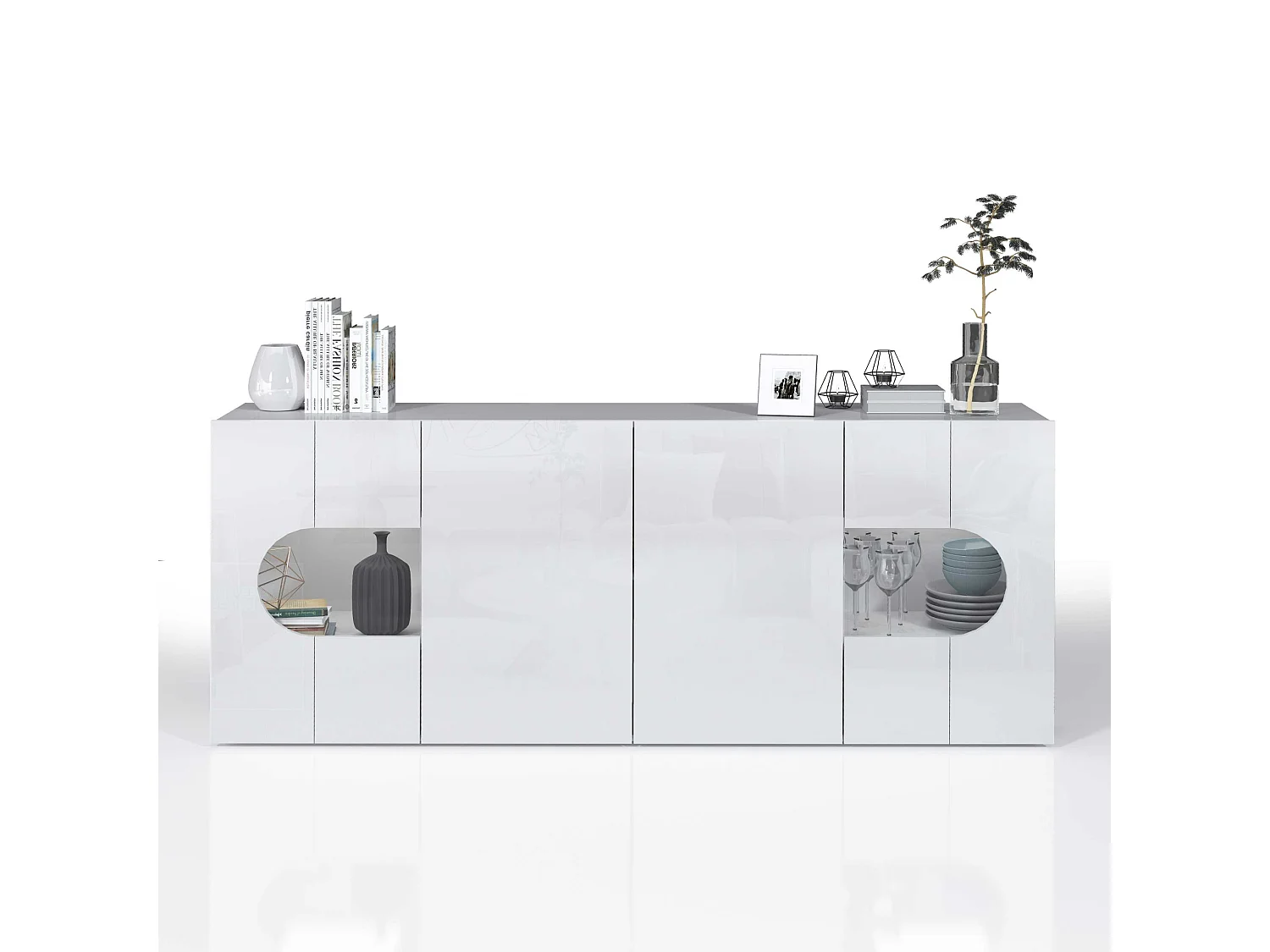 Credenza Real a 4 ante con inserti in vetro espositivi bianco lucido 200x40x80 cm