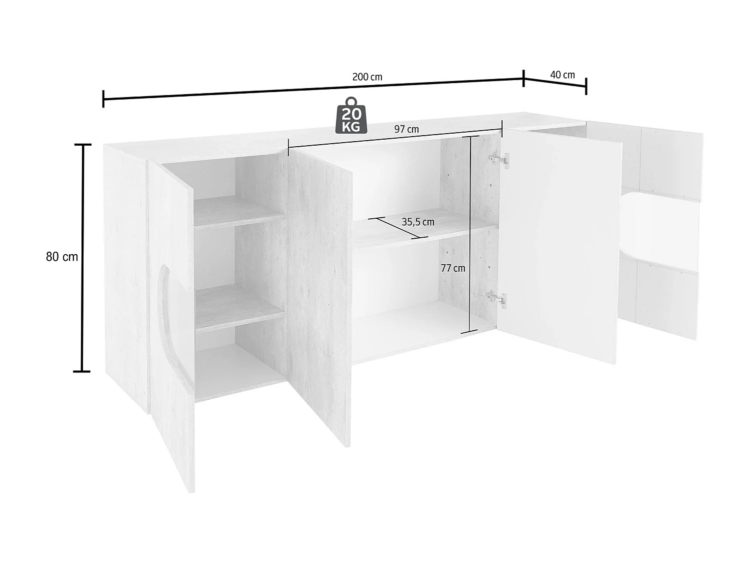 Credenza Real a 4 ante con inserti in vetro espositivi bianco lucido 200x40x80 cm