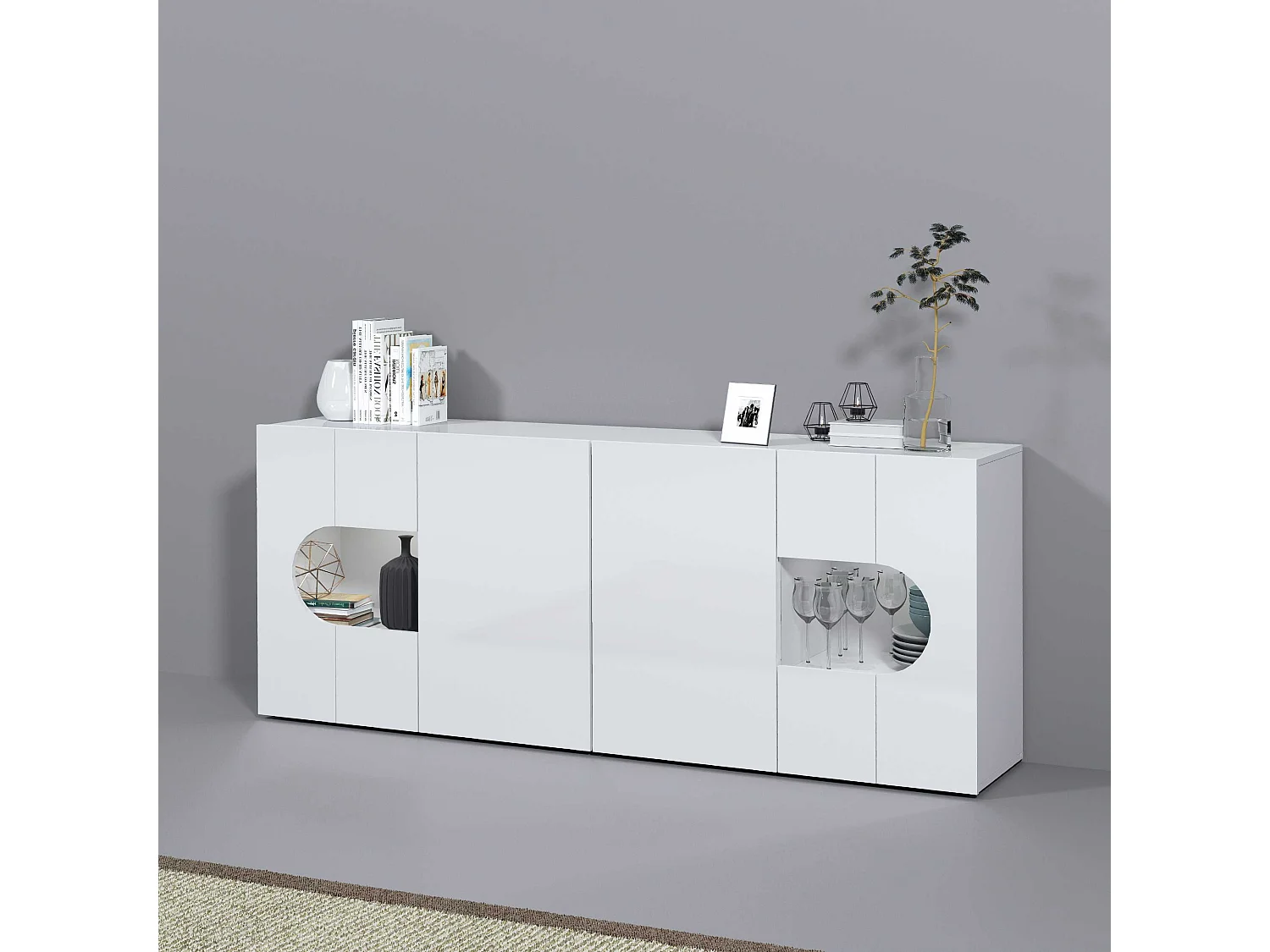 Credenza Real a 4 ante con inserti in vetro espositivi bianco lucido 200x40x80 cm
