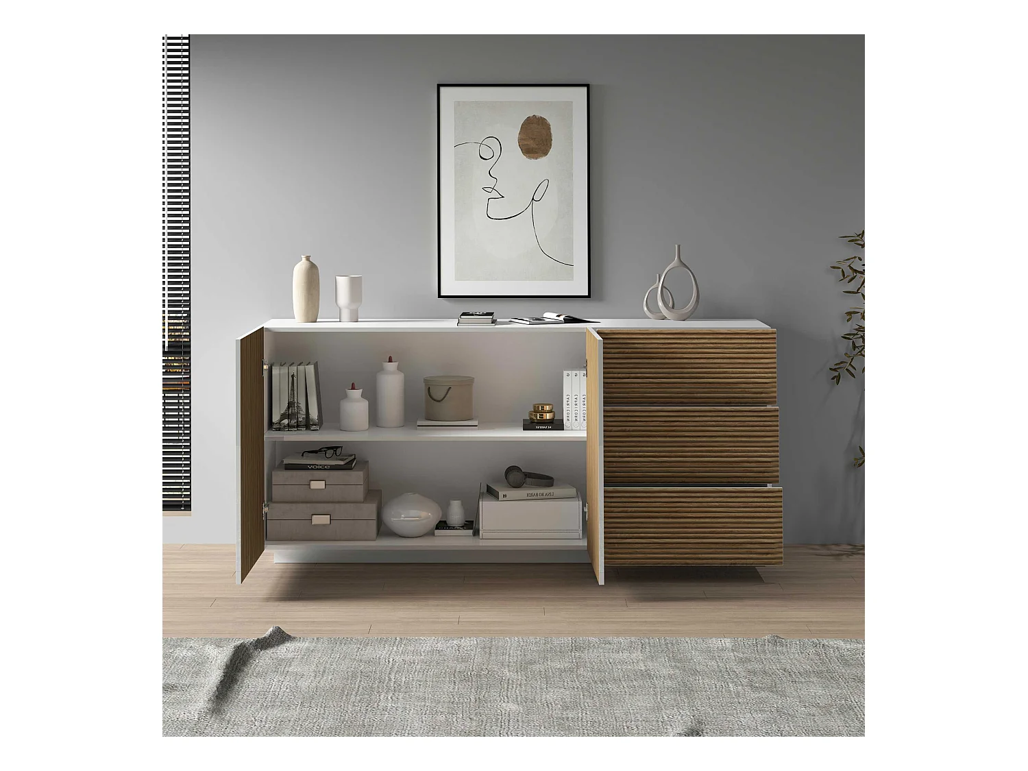 Credenza Coste a 2 ante e 3 cassetti bianco opaco e legno chiaro 180x43x86 cm