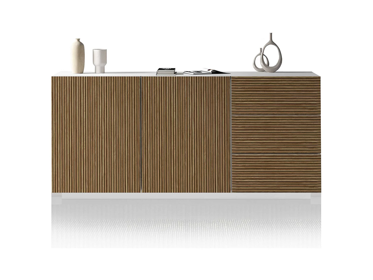 Credenza Coste a 2 ante e 3 cassetti bianco opaco e legno chiaro 180x43x86 cm