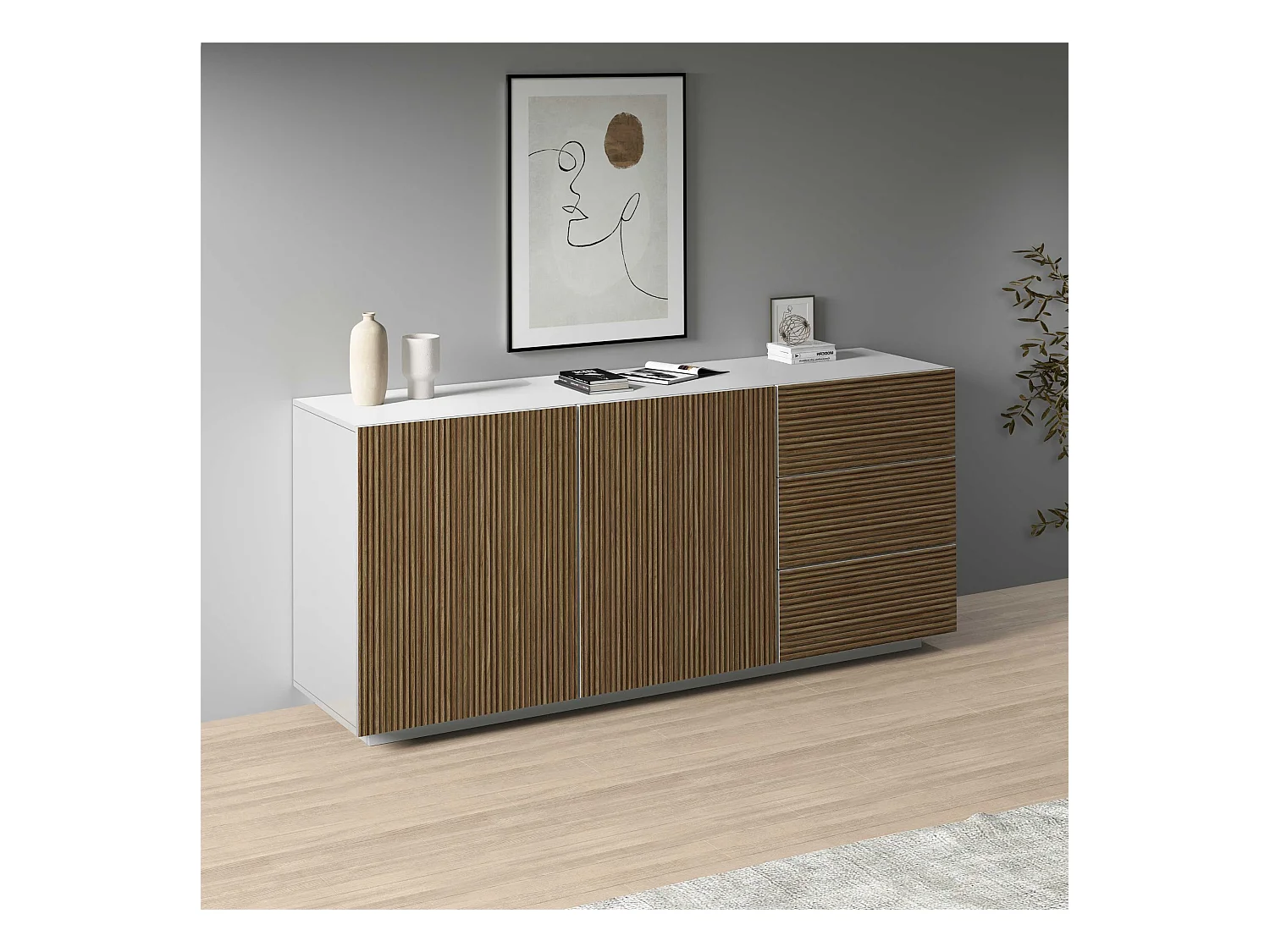 Credenza Coste a 2 ante e 3 cassetti bianco opaco e legno chiaro 180x43x86 cm