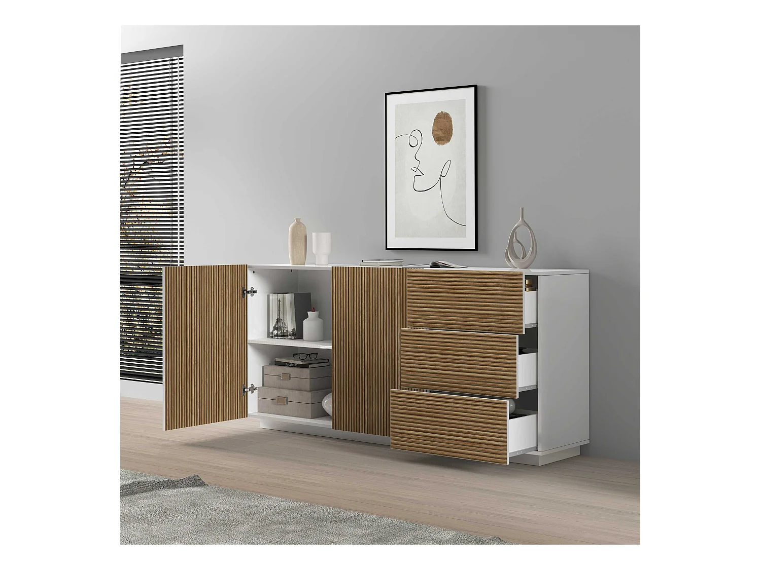 Credenza Coste a 2 ante e 3 cassetti bianco opaco e legno chiaro 180x43x86 cm