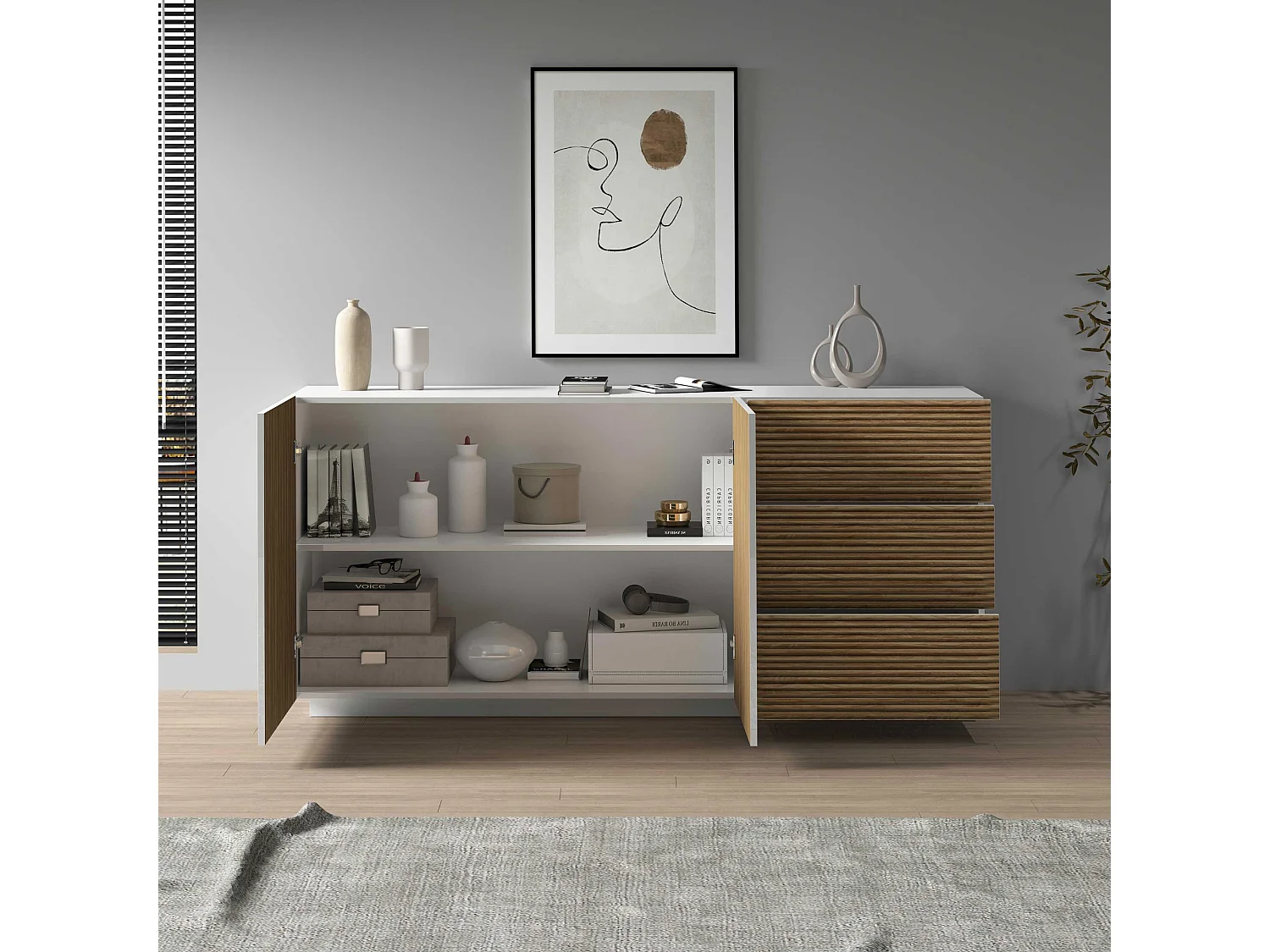 Credenza Coste a 2 ante e 3 cassetti bianco opaco e legno chiaro 180x43x86 cm