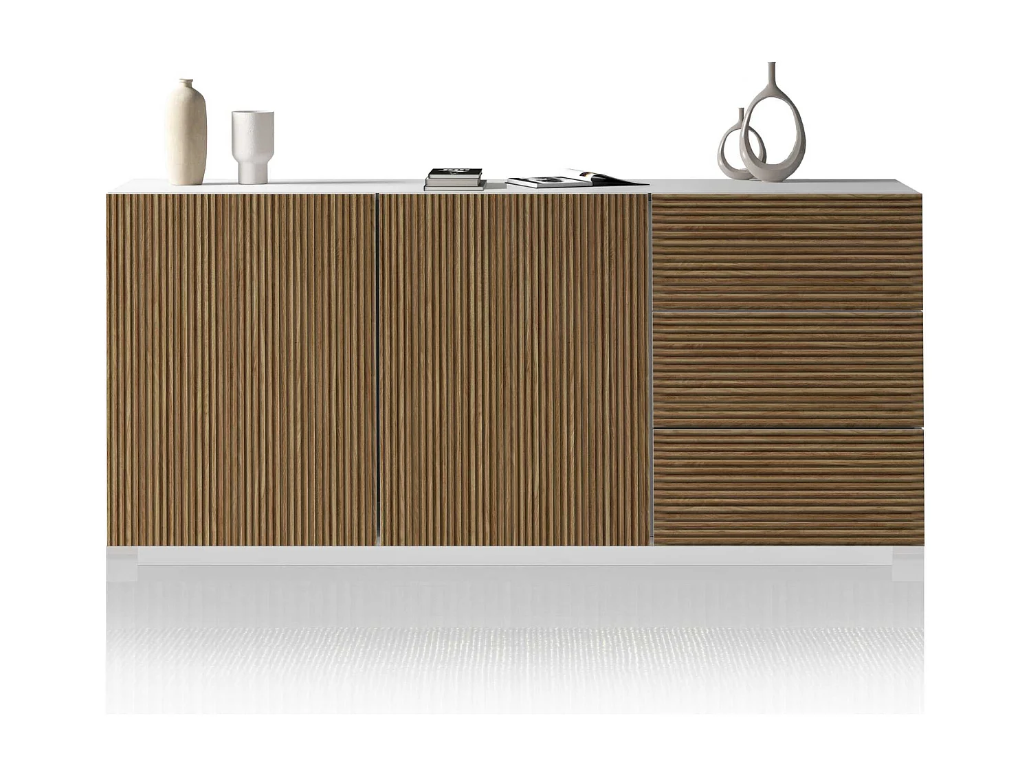 Credenza Coste a 2 ante e 3 cassetti bianco opaco e legno chiaro 180x43x86 cm