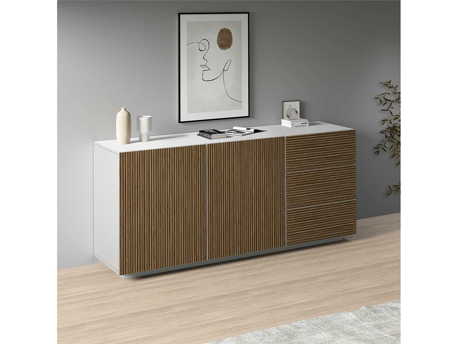 Credenza Coste a 2 ante e 3 cassetti bianco opaco e legno chiaro 180x43x86 cm