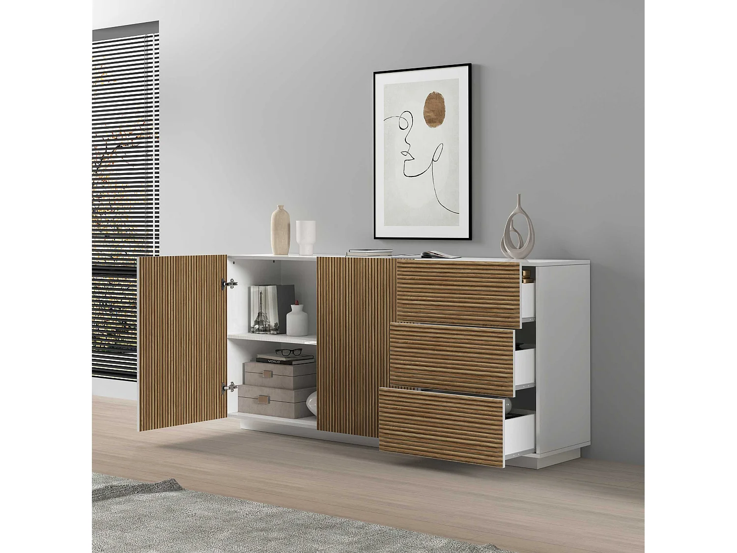 Credenza Coste a 2 ante e 3 cassetti bianco opaco e legno chiaro 180x43x86 cm