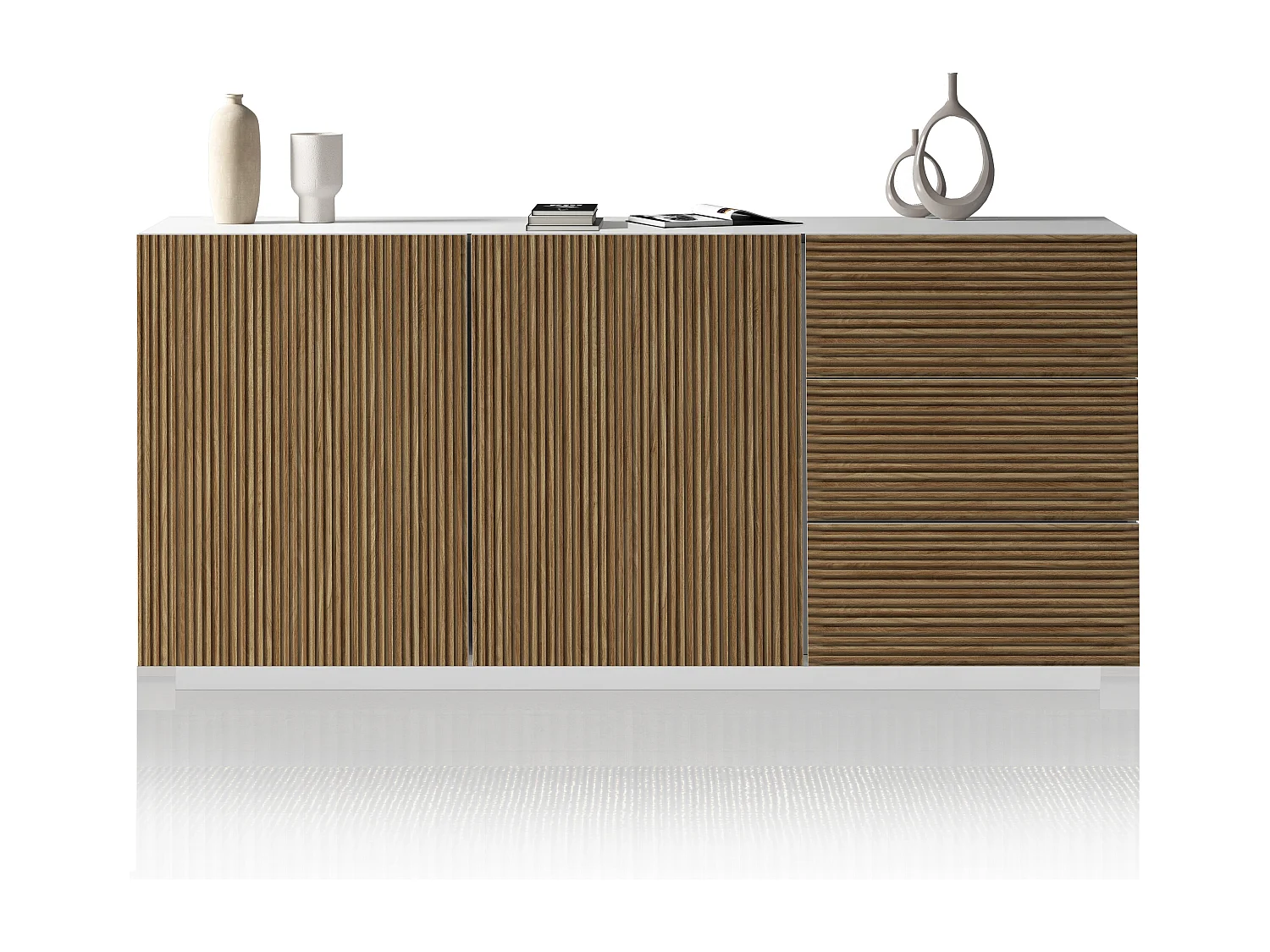 Credenza Coste a 2 ante e 3 cassetti bianco opaco e legno chiaro 180x43x86 cm