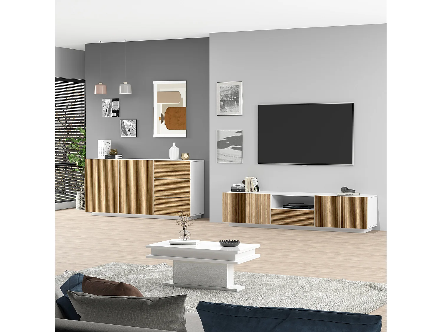 Credenza Coste a 2 ante e 3 cassetti bianco opaco e legno chiaro 180x43x86 cm