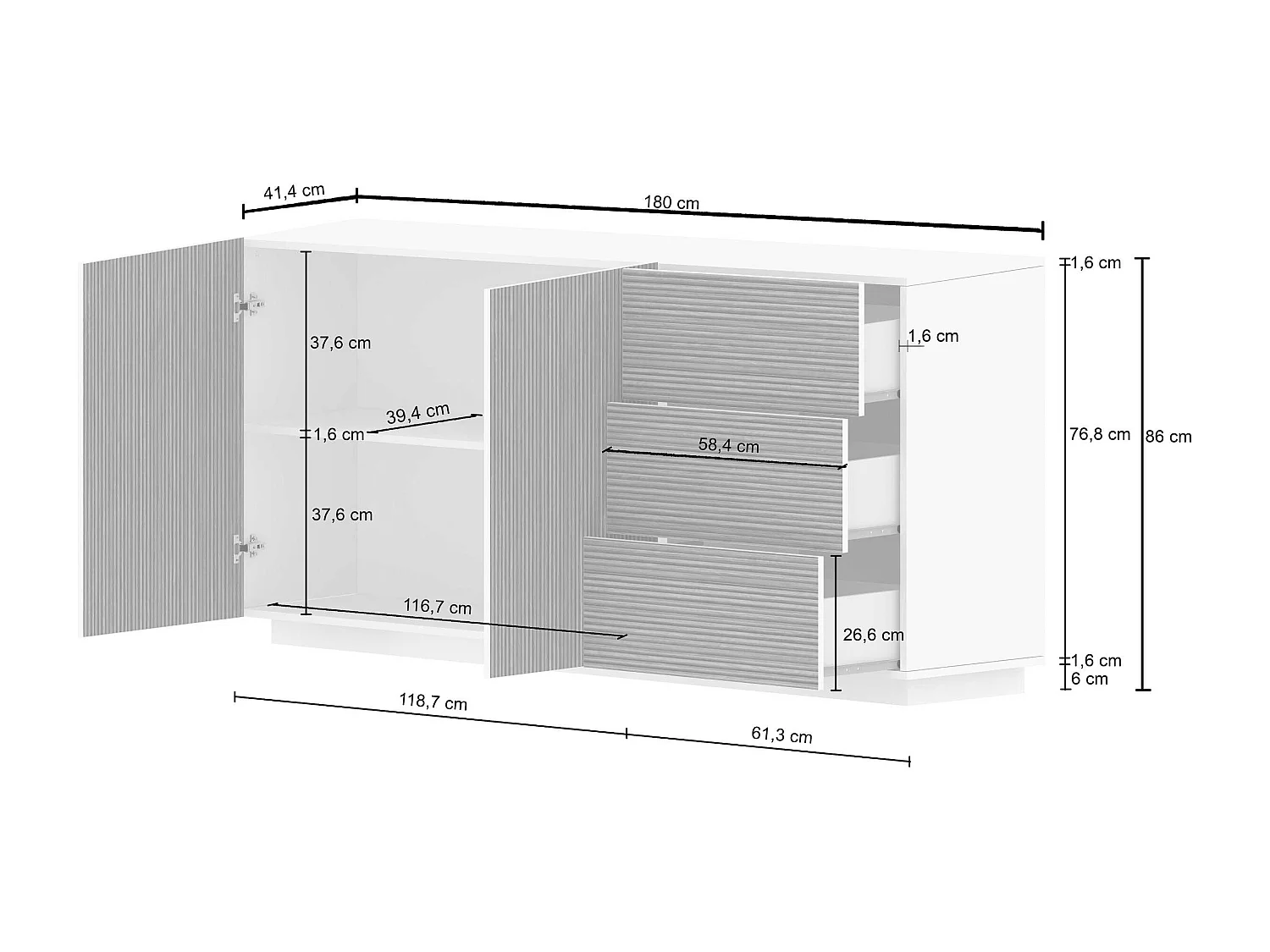 Credenza Coste a 2 ante e 3 cassetti bianco opaco e legno chiaro 180x43x86 cm