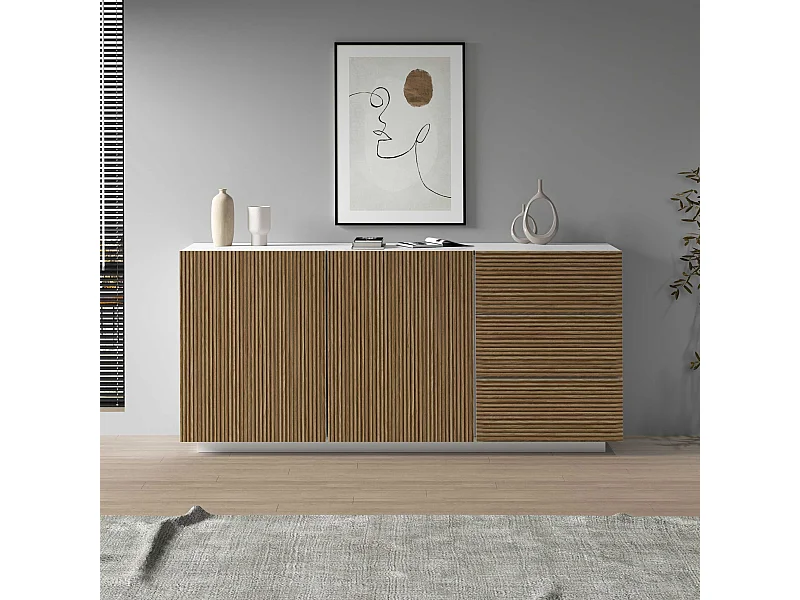 Credenza Coste a 2 ante e 3 cassetti bianco opaco e legno chiaro 180x43x86 cm