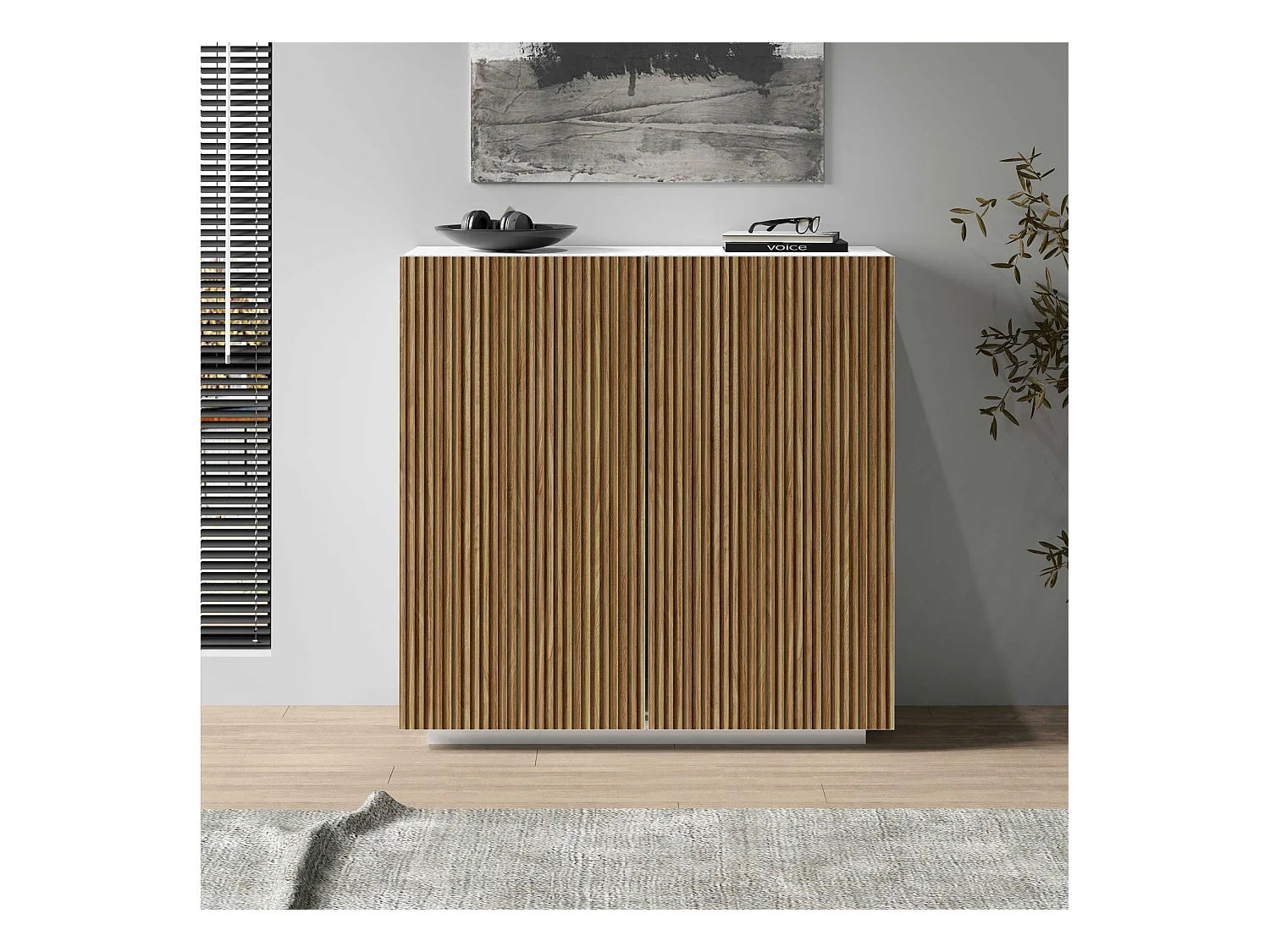 Credenza Coste a 2 ante effetto cannetè bianco opaco e legno chiaro 120x43x126 cm