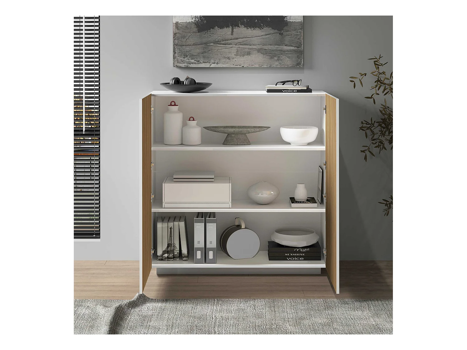 Credenza Coste a 2 ante effetto cannetè bianco opaco e legno chiaro 120x43x126 cm