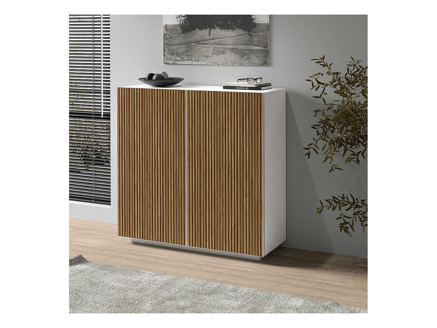 Credenza Coste a 2 ante effetto cannetè bianco opaco e legno chiaro 120x43x126 cm