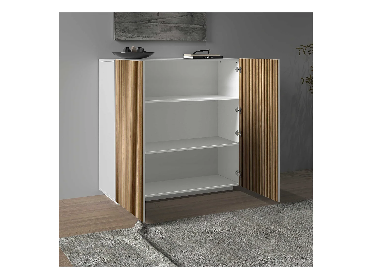 Credenza Coste a 2 ante effetto cannetè bianco opaco e legno chiaro 120x43x126 cm