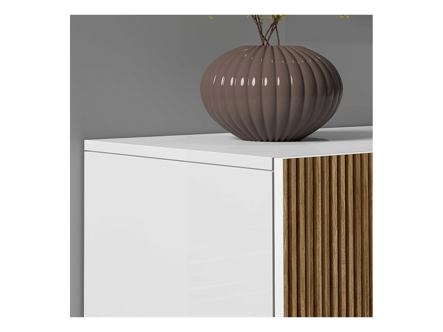 Credenza Coste a 2 ante effetto cannetè bianco opaco e legno chiaro 120x43x126 cm