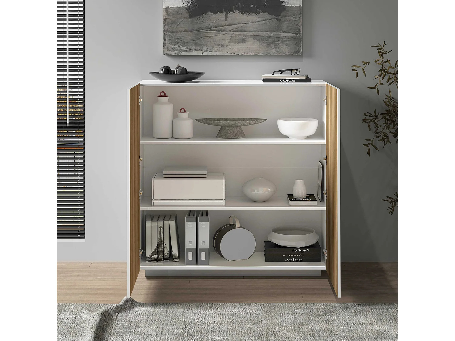 Credenza Coste a 2 ante effetto cannetè bianco opaco e legno chiaro 120x43x126 cm