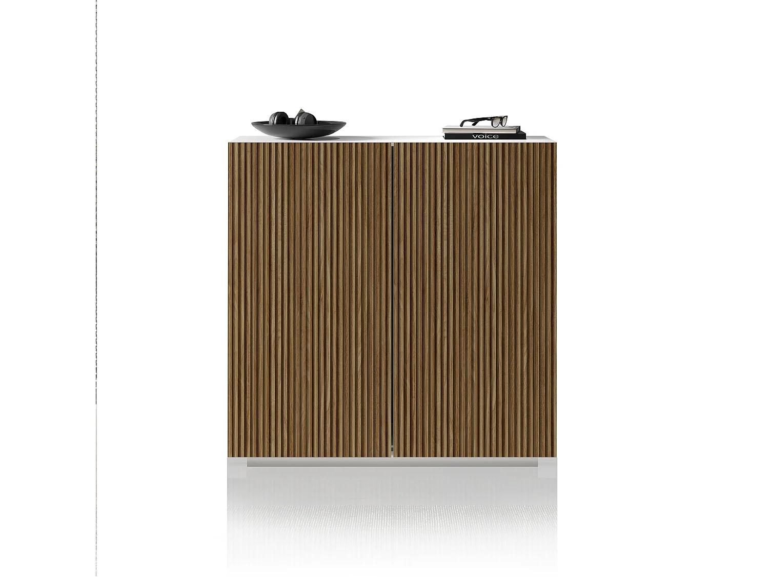 Buffet Coste à 2 portes effet cannelé couleur blanc mat et bois clair 120x43x126 cm