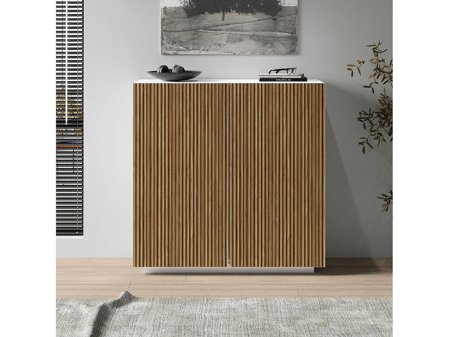 Buffet Coste à 2 portes effet cannelé couleur blanc mat et bois clair 120x43x126 cm