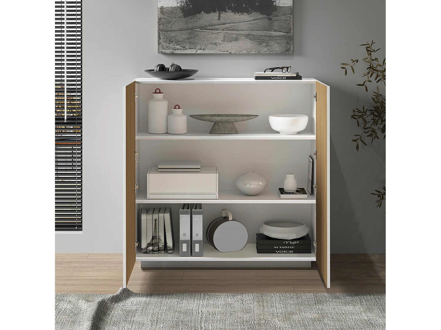 Buffet Coste à 2 portes effet cannelé couleur blanc mat et bois clair 120x43x126 cm