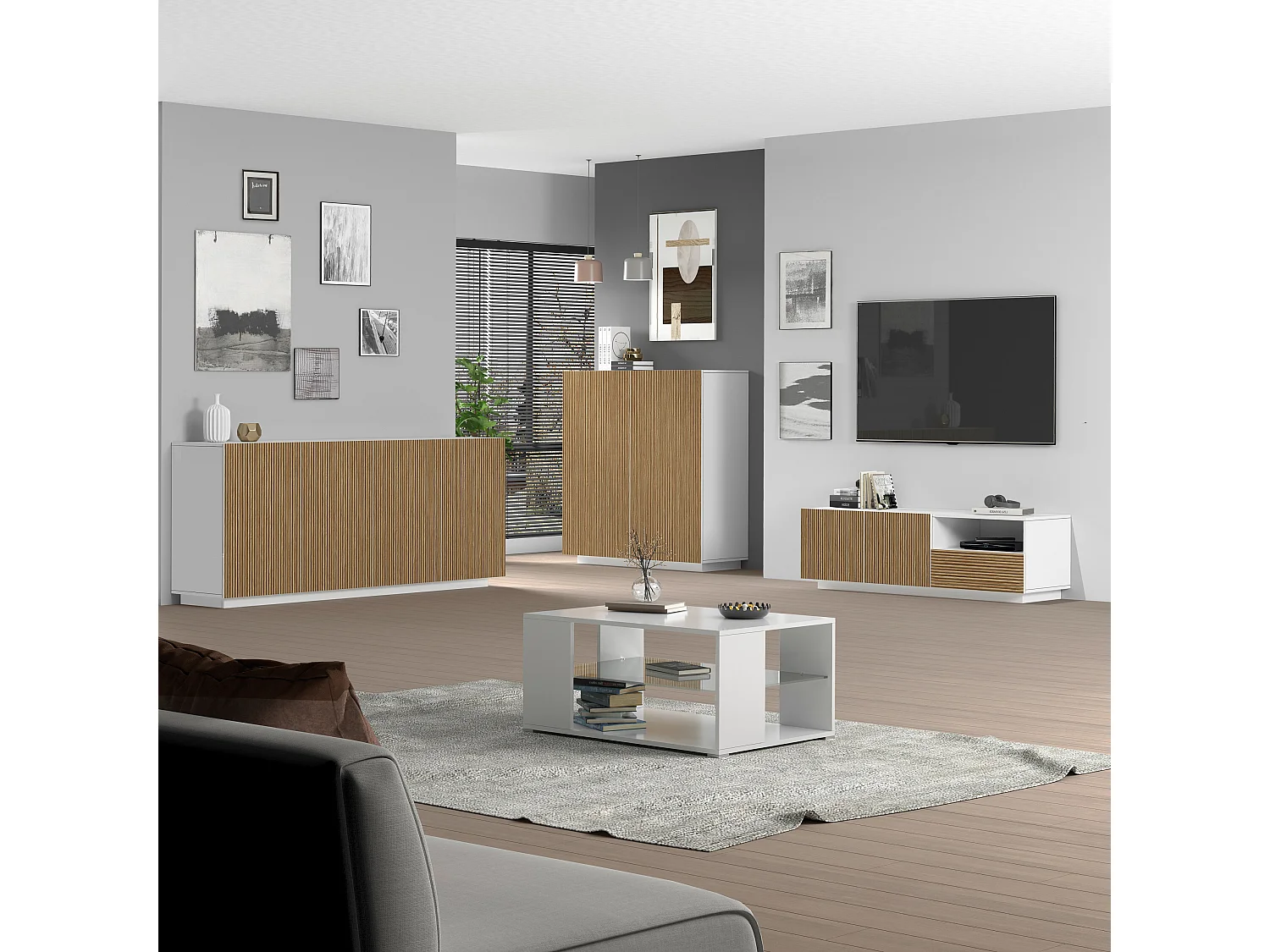 Buffet Coste à 2 portes effet cannelé couleur blanc mat et bois clair 120x43x126 cm