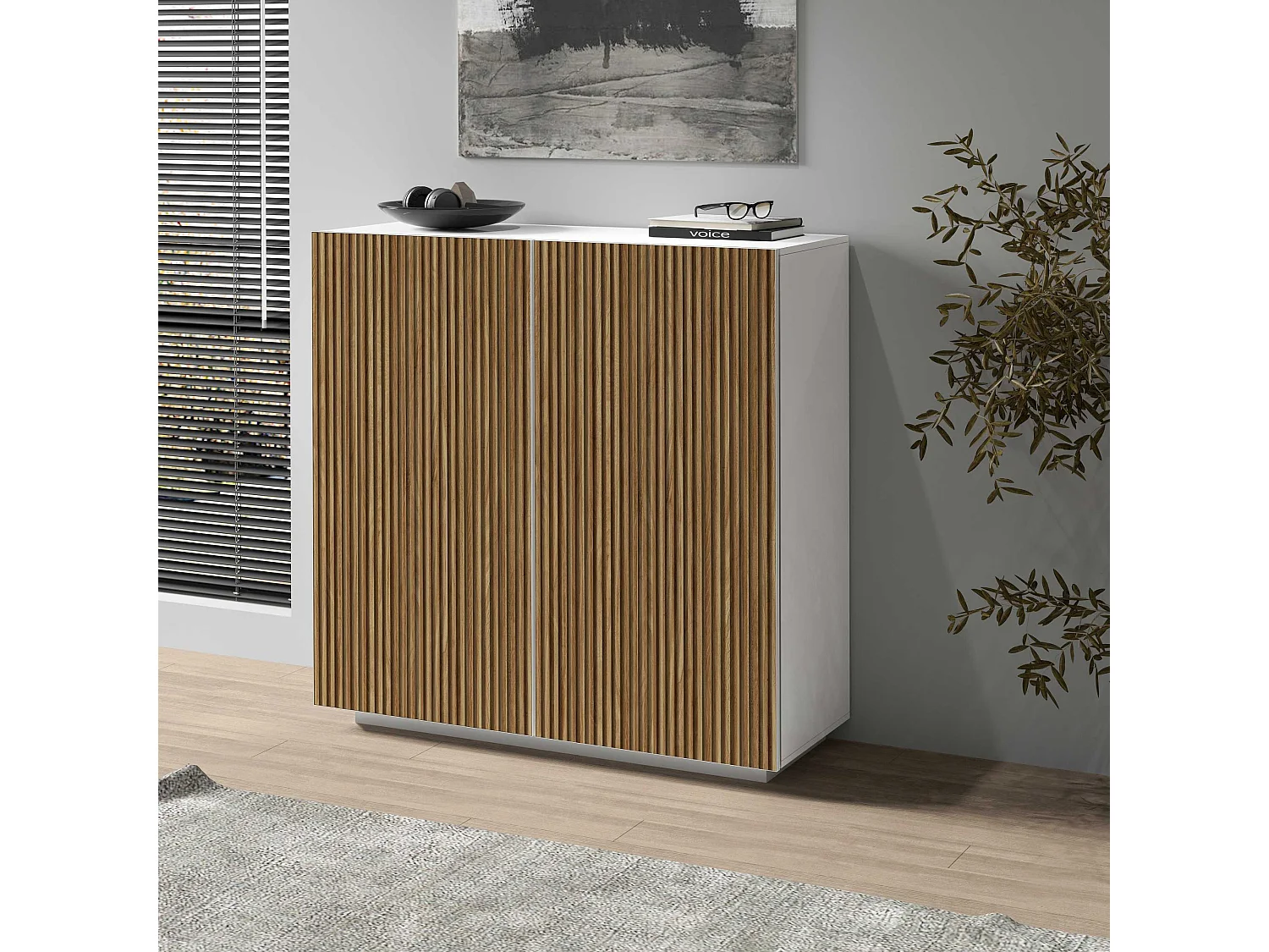 Buffet Coste à 2 portes effet cannelé couleur blanc mat et bois clair 120x43x126 cm