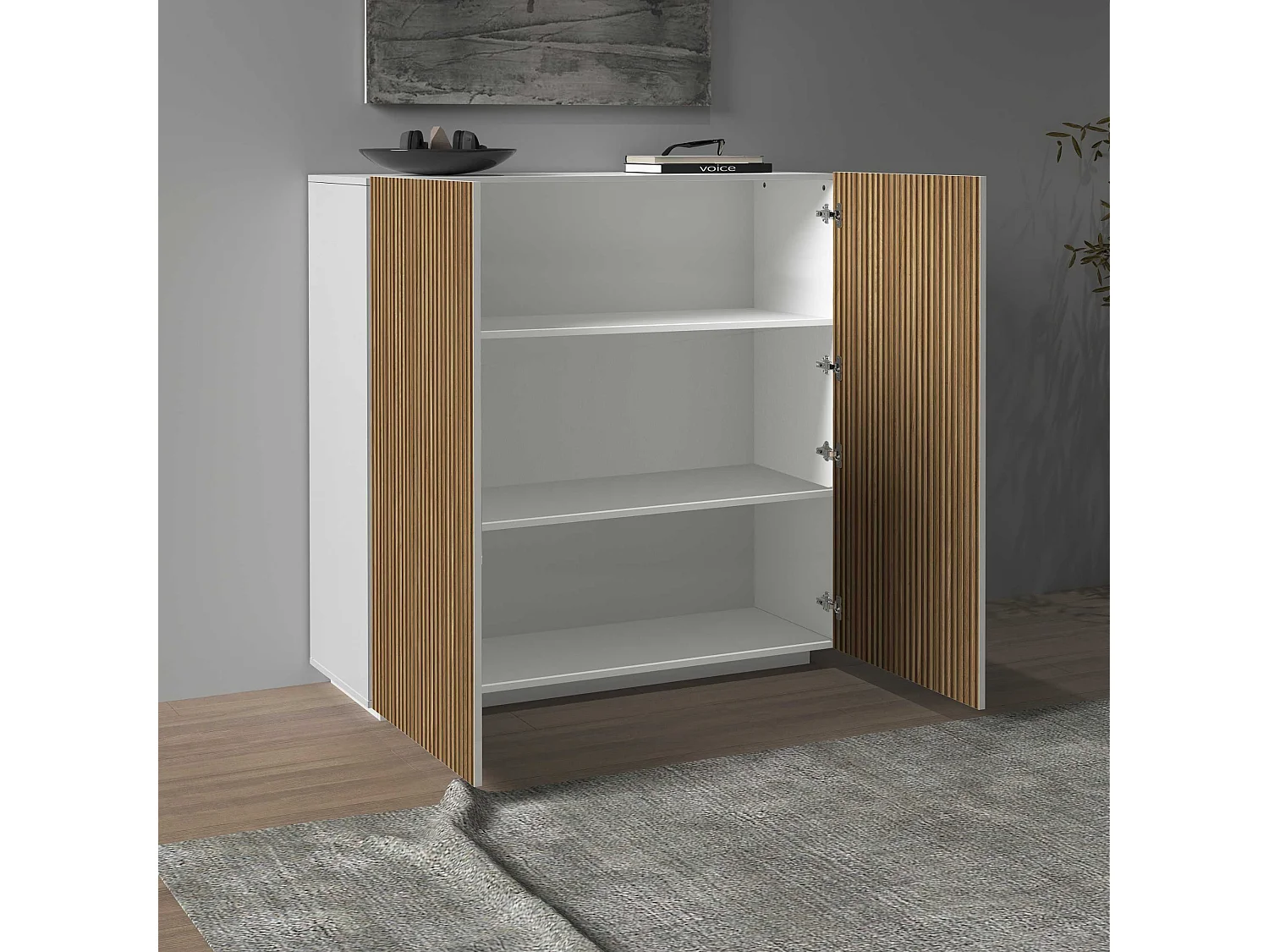 Buffet Coste à 2 portes effet cannelé couleur blanc mat et bois clair 120x43x126 cm