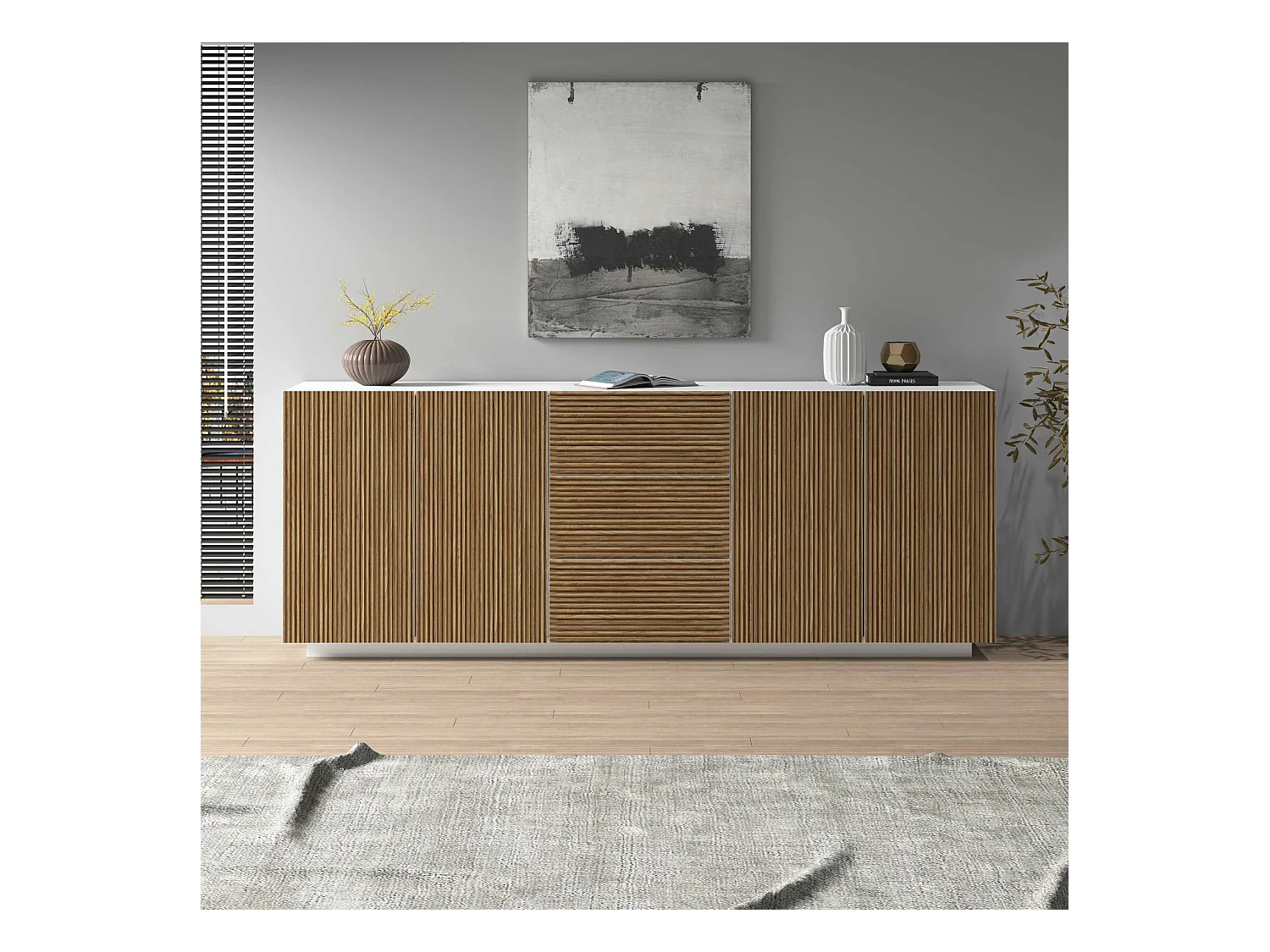 Credenza Coste a 4 ante e 3 cassetti bianco opaco e legno chiaro 220,1x43x86 cm