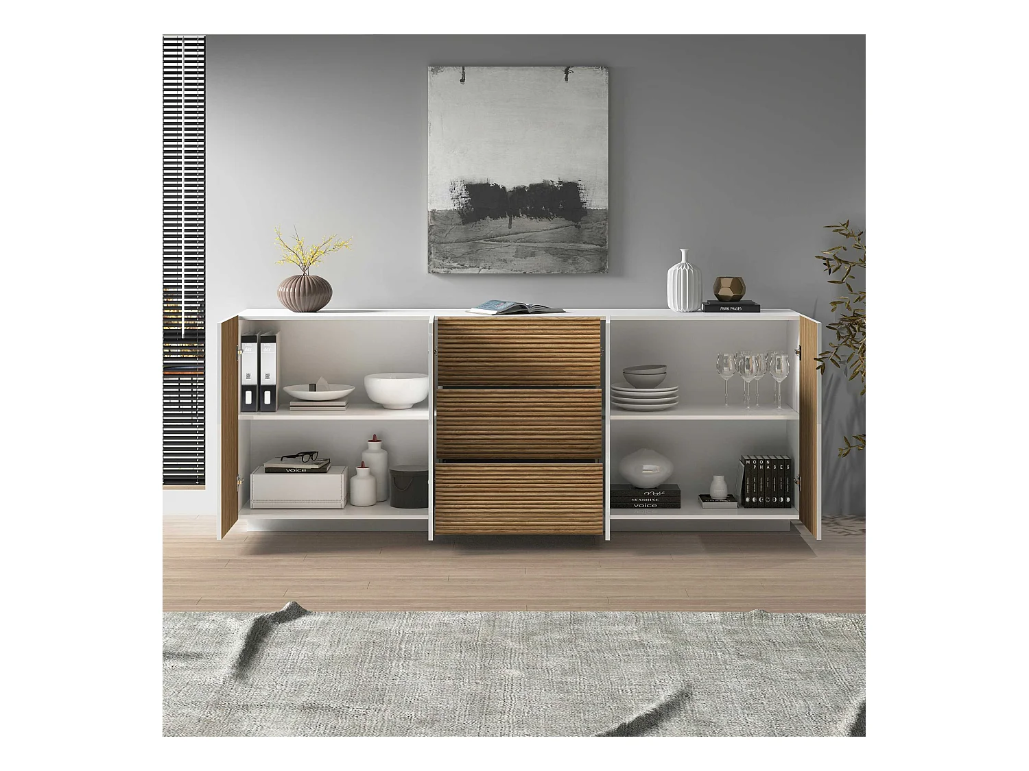 Credenza Coste a 4 ante e 3 cassetti bianco opaco e legno chiaro 220,1x43x86 cm