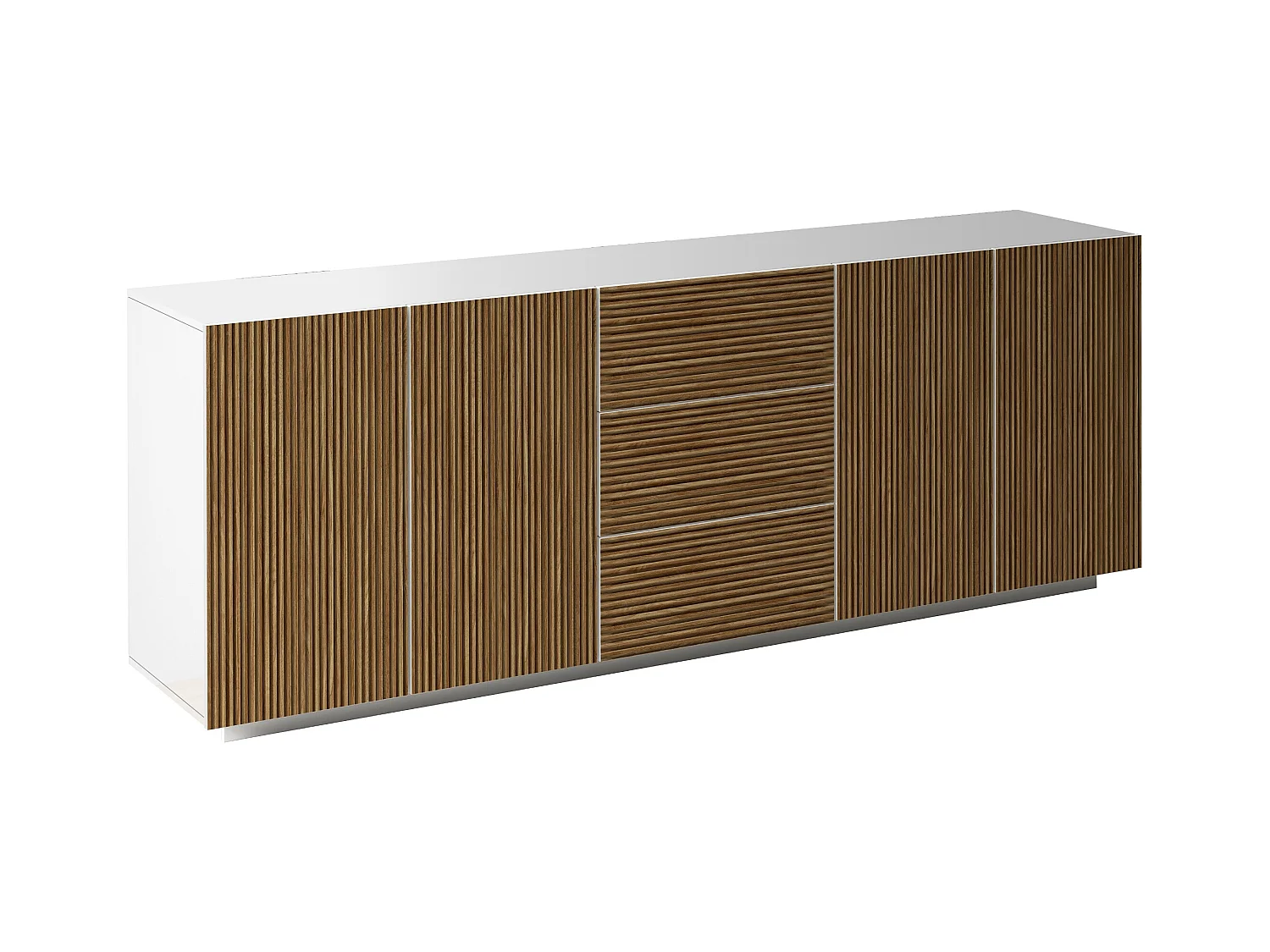 Credenza Coste a 4 ante e 3 cassetti bianco opaco e legno chiaro 220,1x43x86 cm