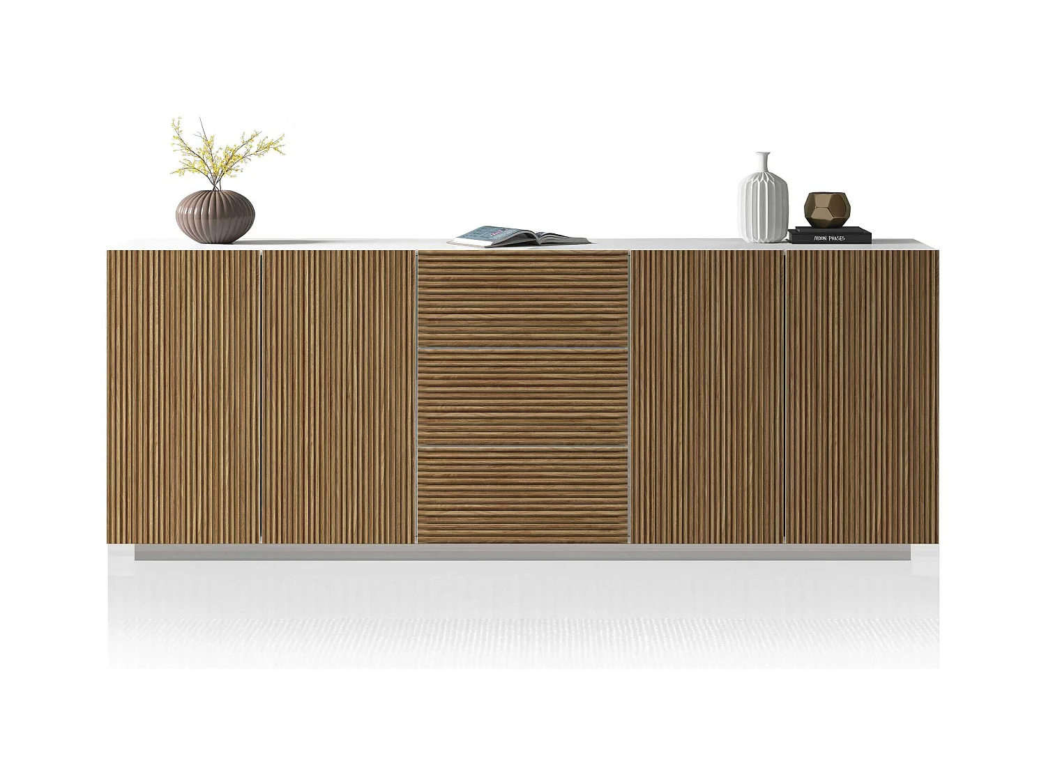 Credenza Coste a 4 ante e 3 cassetti bianco opaco e legno chiaro 220,1x43x86 cm