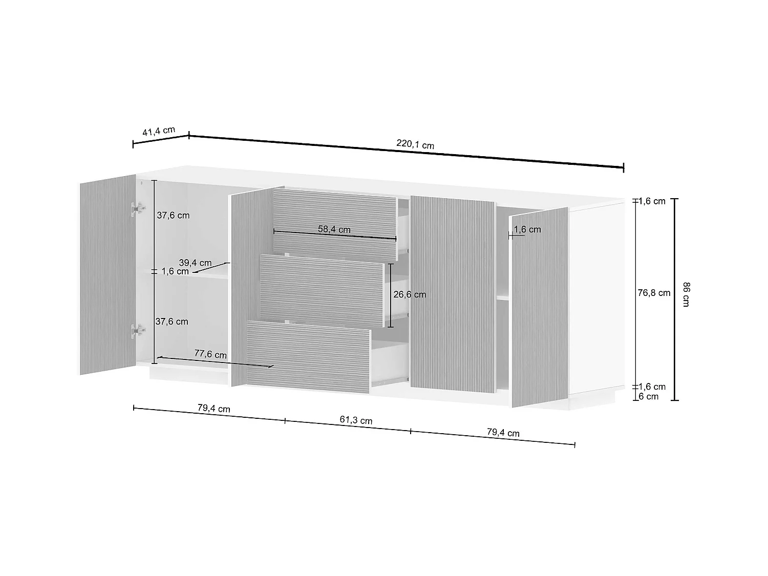 Credenza Coste a 4 ante e 3 cassetti bianco opaco e legno chiaro 220,1x43x86 cm