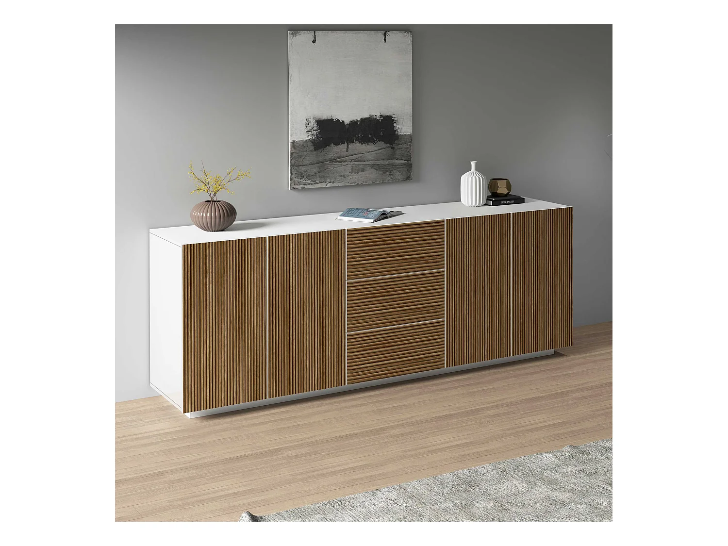 Credenza Coste a 4 ante e 3 cassetti bianco opaco e legno chiaro 220,1x43x86 cm