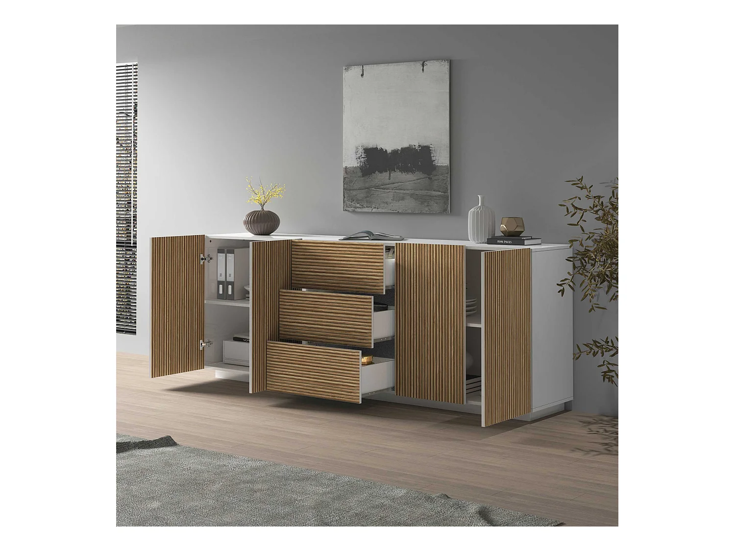 Credenza Coste a 4 ante e 3 cassetti bianco opaco e legno chiaro 220,1x43x86 cm