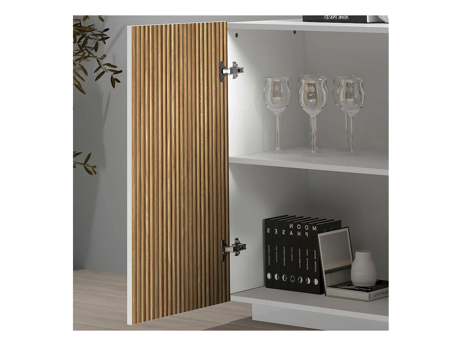 Credenza Coste a 4 ante e 3 cassetti bianco opaco e legno chiaro 220,1x43x86 cm