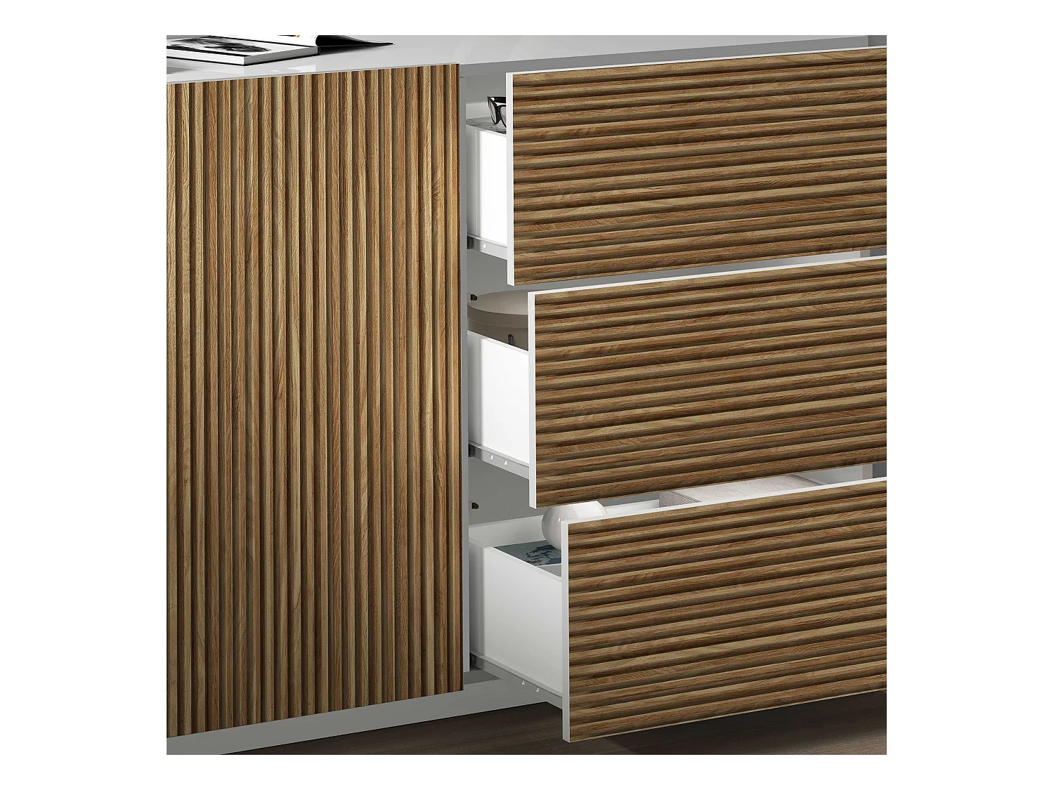 Credenza Coste a 4 ante e 3 cassetti bianco opaco e legno chiaro 220,1x43x86 cm